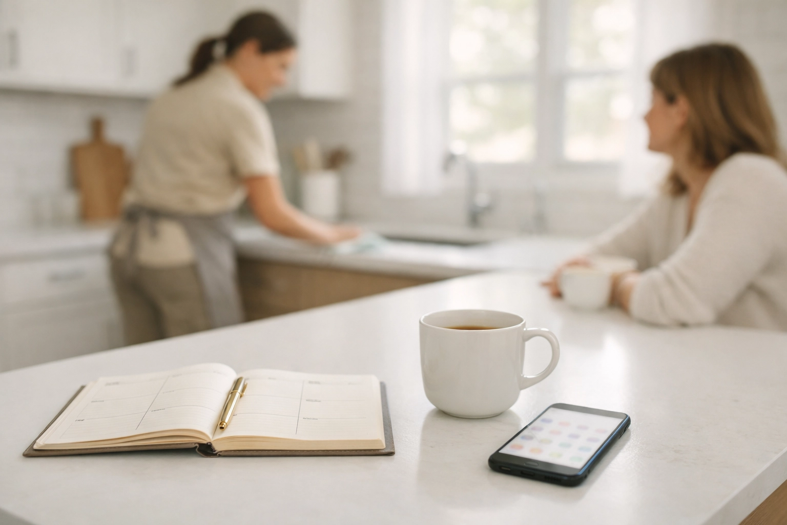 Professional maid service in Greenville SC cleaning a kitchen while the homeowner focuses on weekly goals.