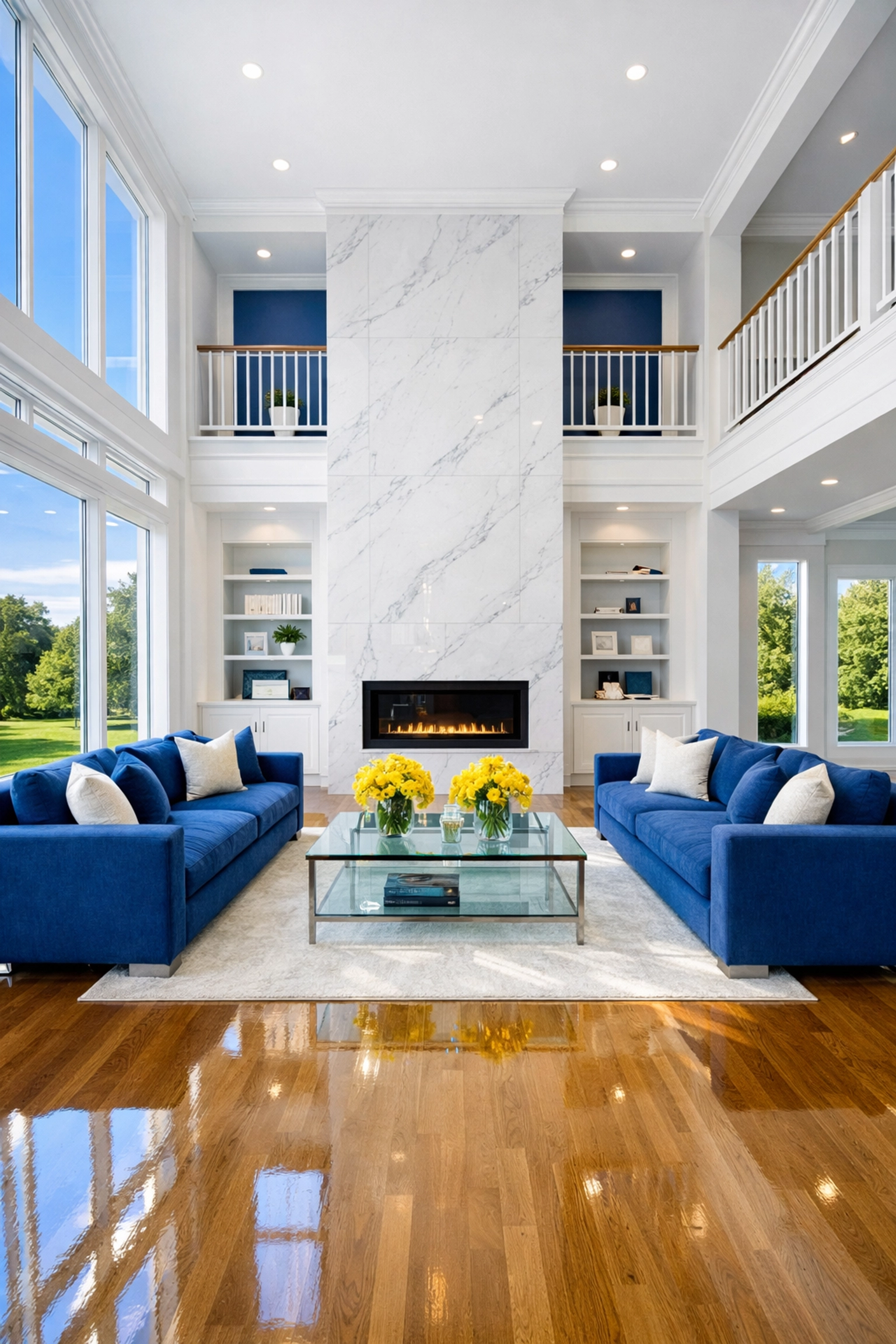 Professional Shrewsbury house cleaning of a move-in ready luxury living room with high ceilings and shiny floors.