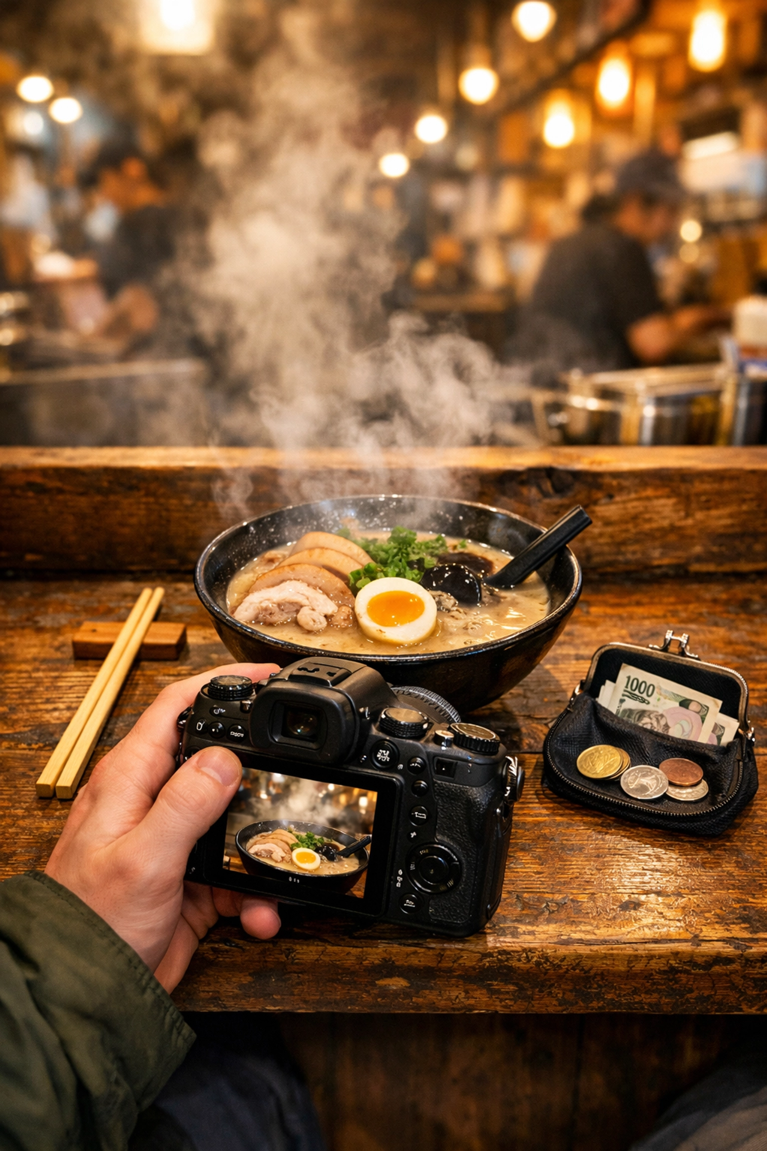 Traveler photographing steaming tonkotsu ramen at a Tokyo ramen bar with chopsticks and yen