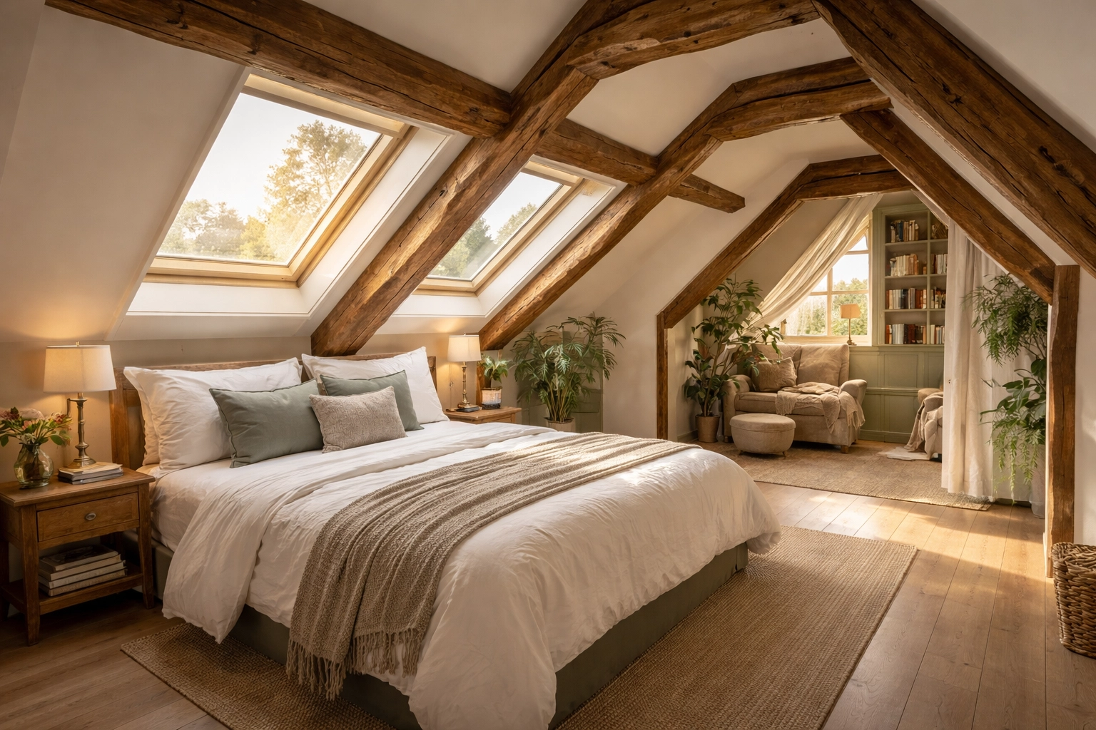 Beautiful loft conversion bedroom in Bournemouth home with skylights and exposed beams