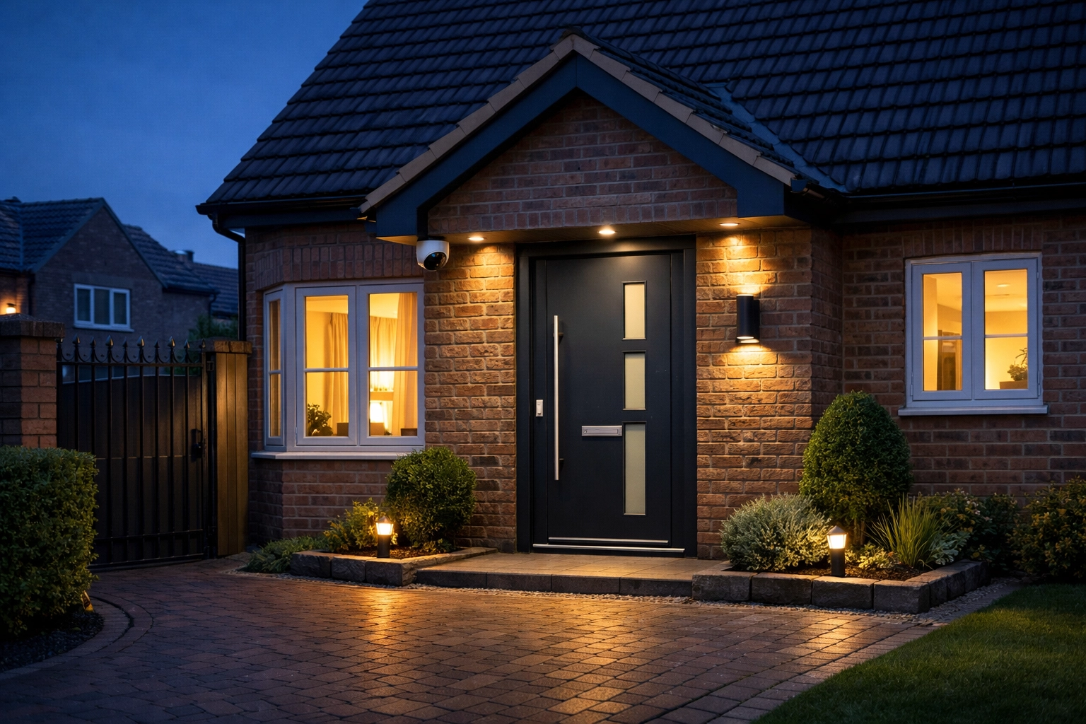 A layered residential security setup with a modern front door and overhead security camera at twilight.