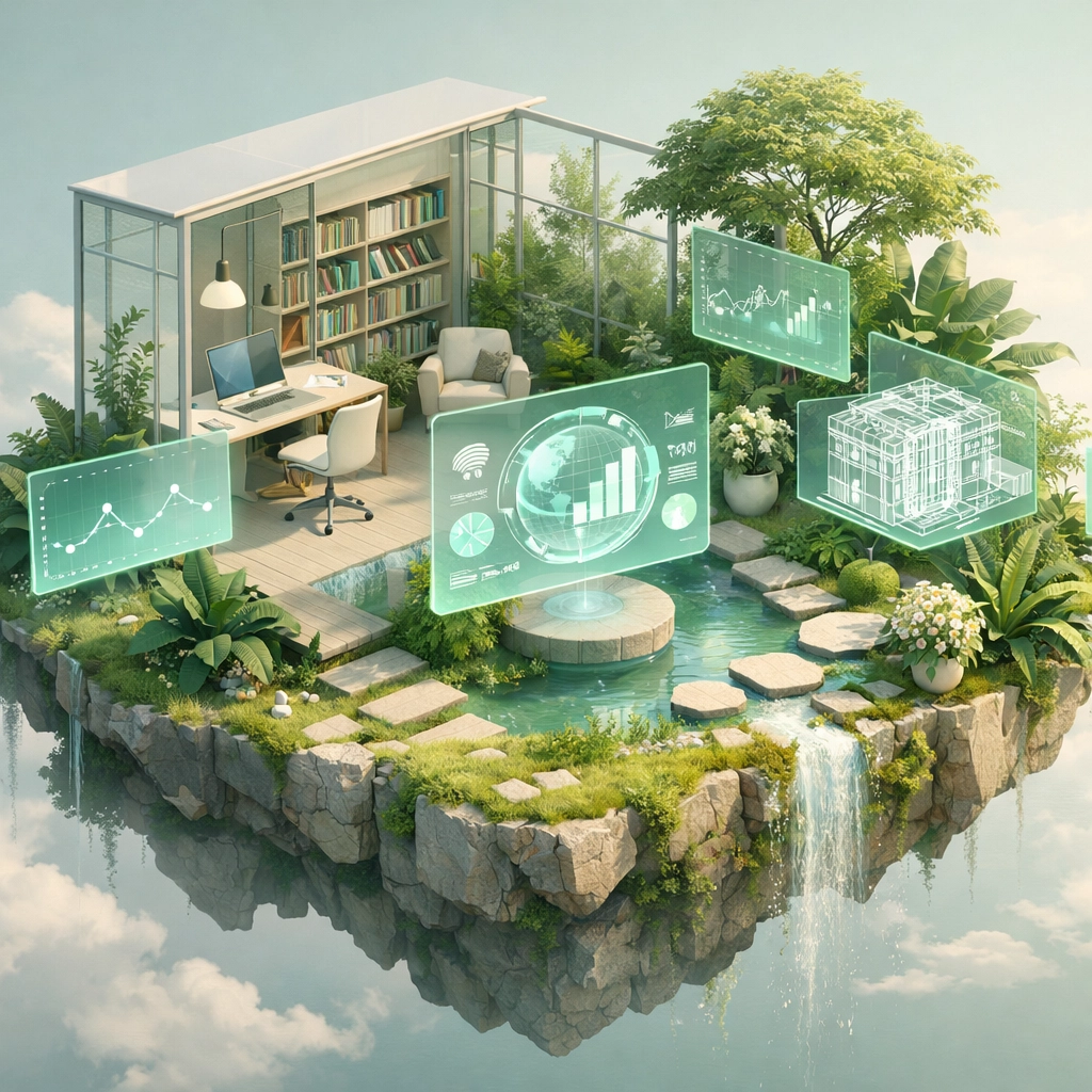 A peaceful digital garden workspace representing sustainable content systems for introverted professionals.