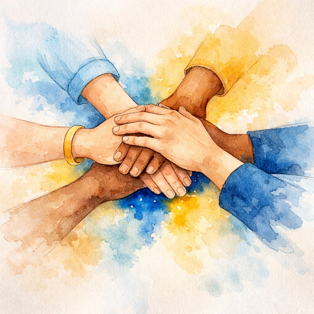 Diverse hands joined in circle showing unity and strength in Christian community building