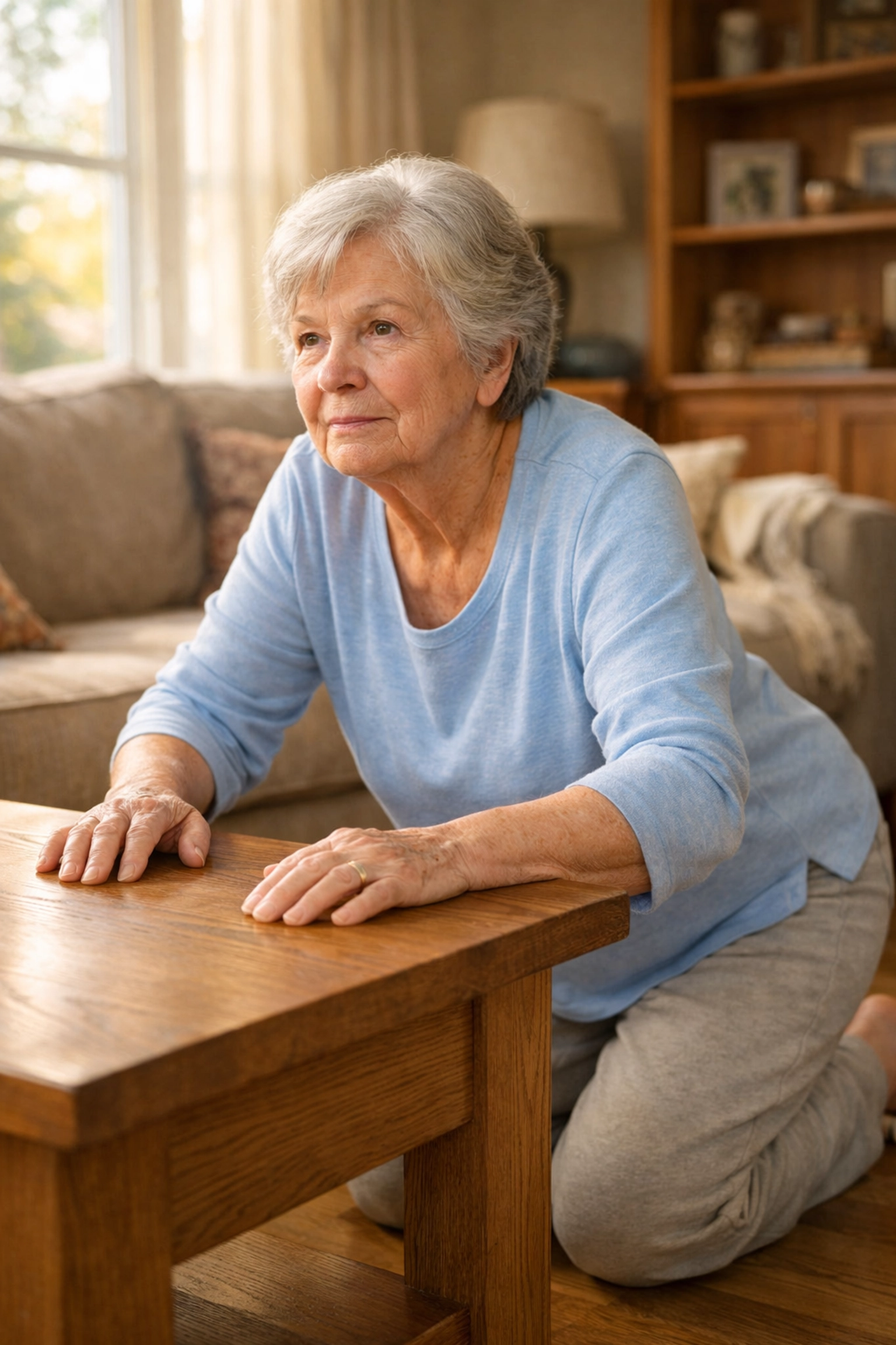 Senior woman kneeling beside furniture for support while getting up from floor