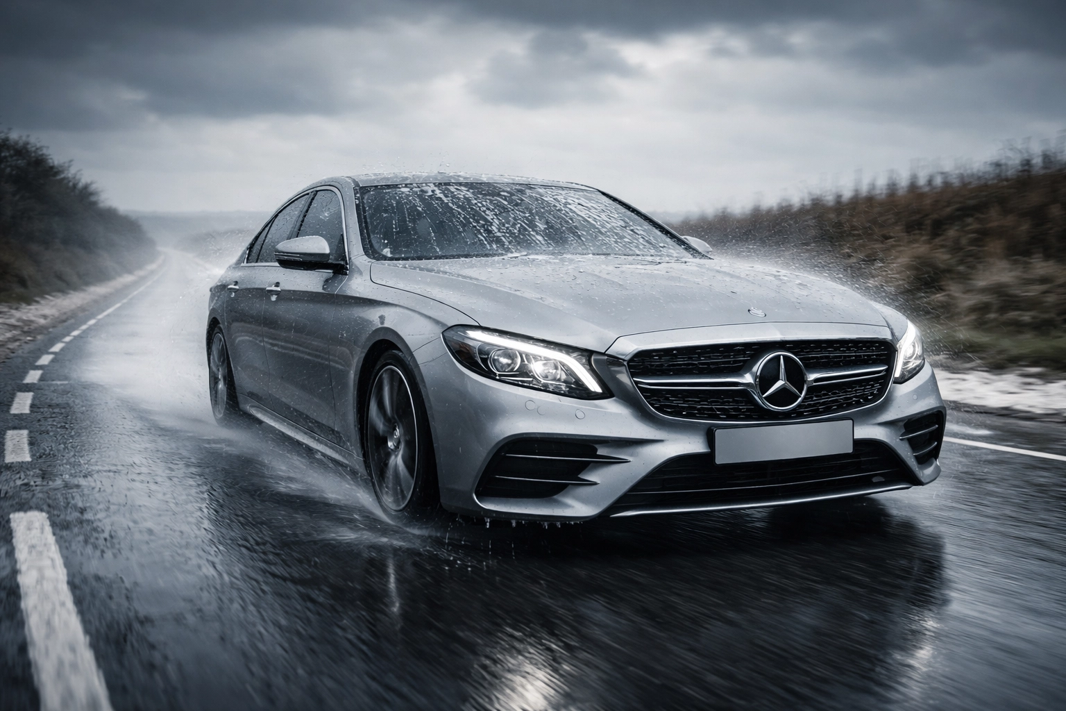 Luxury silver sedan with water sheeting off paintwork, showing car ceramic coating protection in rainy British conditions.
