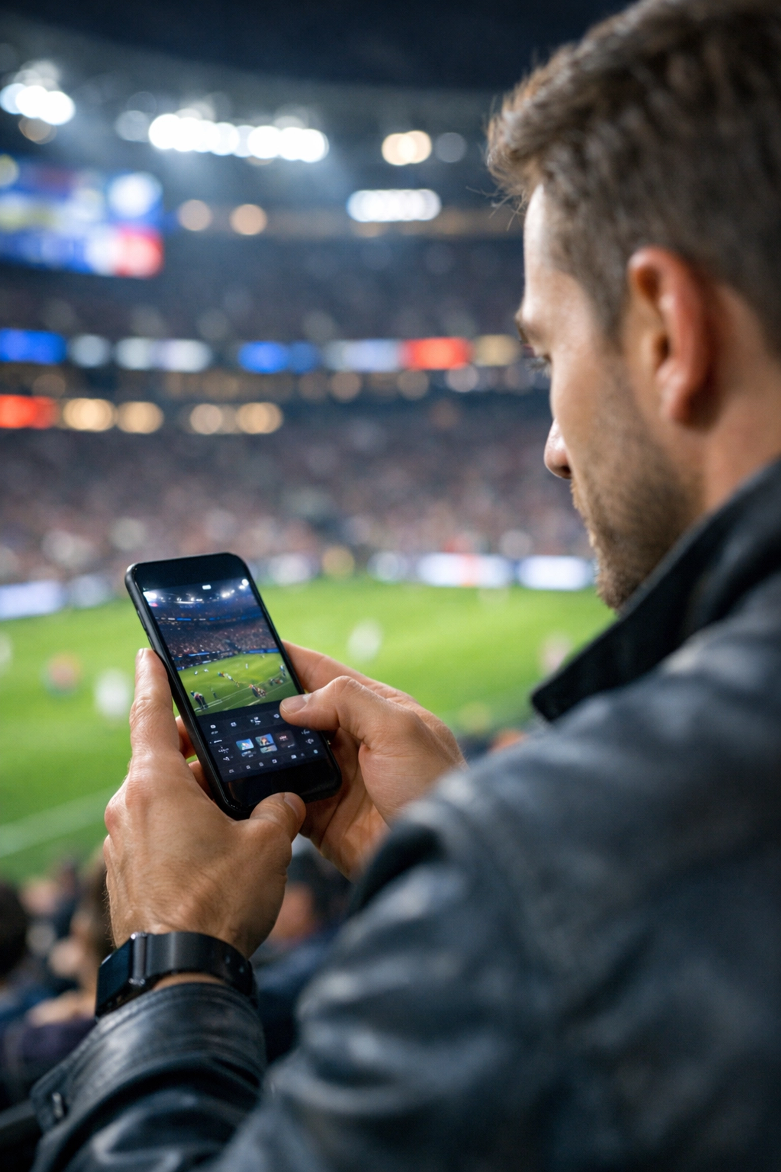 A fan at a stadium checking a smartphone for AI-driven personalized media content and sponsorship offers.