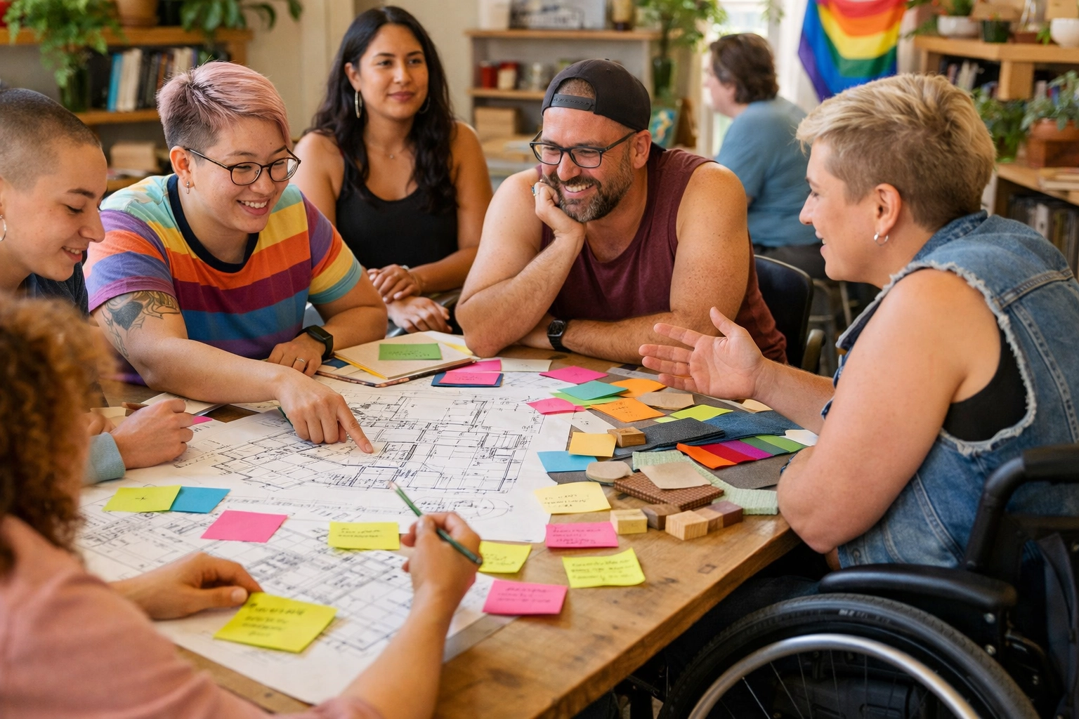 Diverse LGBTQ+ community members collaborating at participatory architecture design workshop
