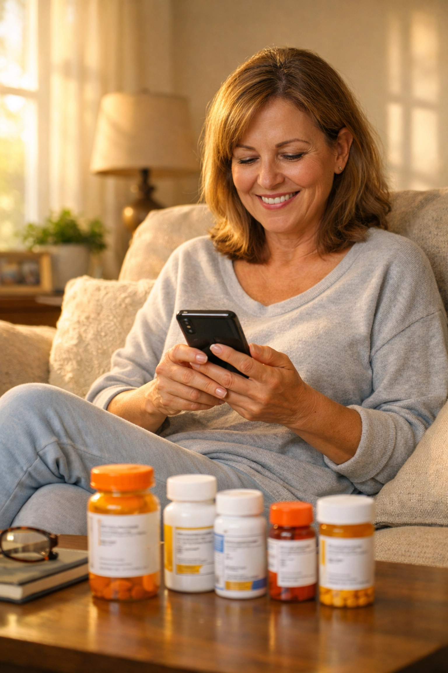 Woman using smartphone for online prescription refill from home with medications on table