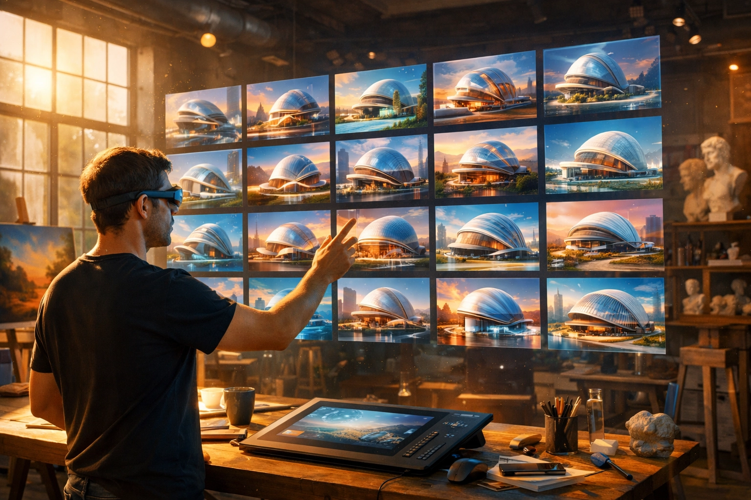 Digital artist guiding AI generative design tools on holographic screens in a creative workspace.