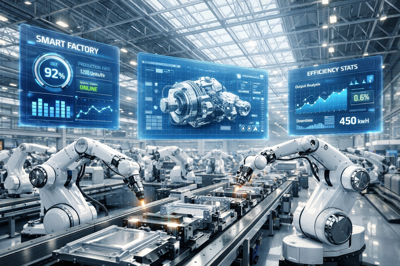 Modern smart factory floor with robotic arms and digital CAD dashboards for automated engineering workflows.