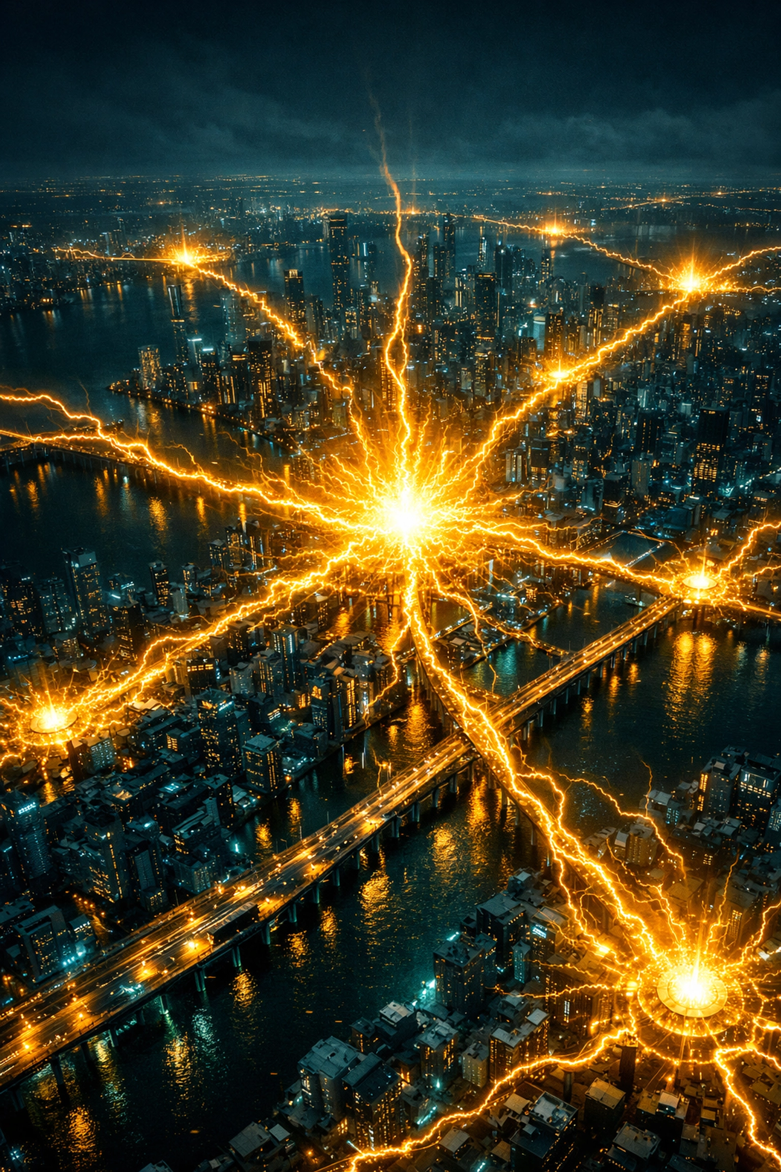 Aerial view of a glowing city network symbolizing the explosive reach of a viral marketing strategy.