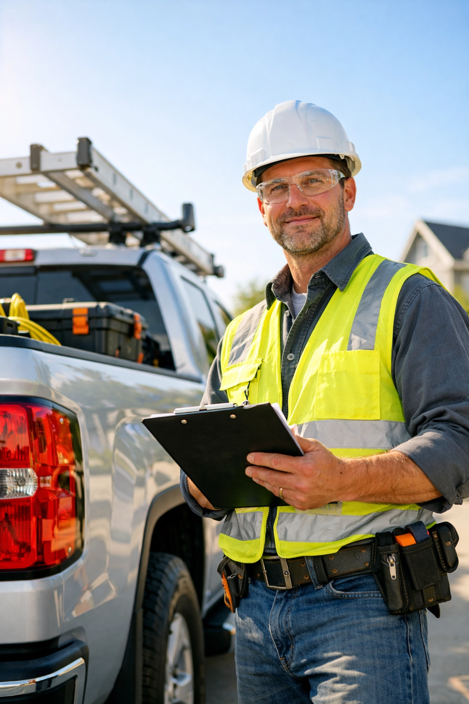 Professional contractor with safety gear and work truck at Cleveland residential job site