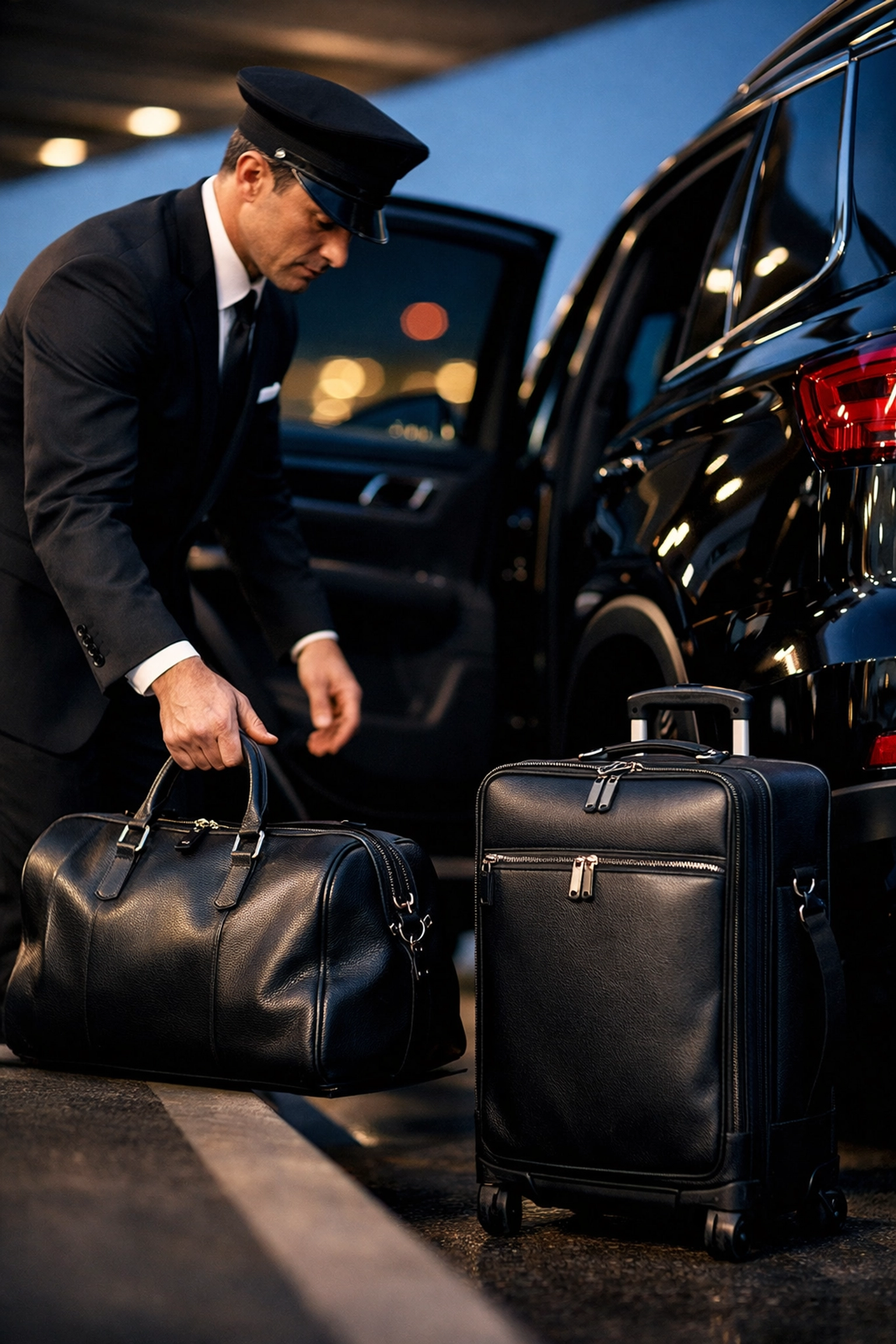 Professional chauffeur handling luggage by a luxury black car service SUV at an LAX airport terminal.