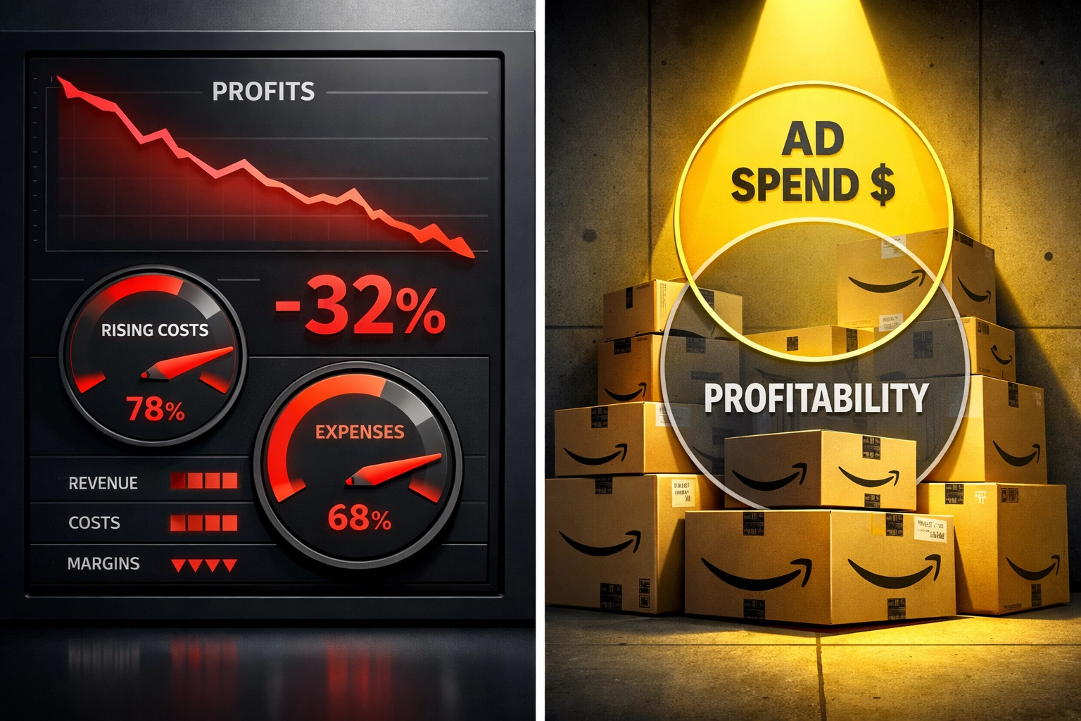 Dashboard showing rising Amazon ad spend costs versus declining profits and product inventory