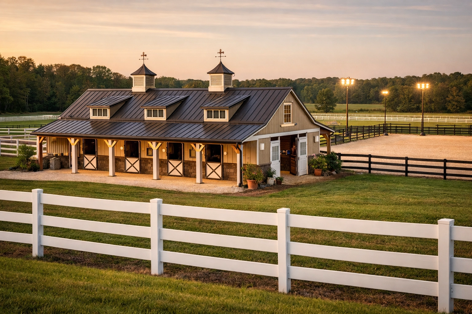 Equestrian property in Waxhaw NC with 4-stall barn, white fencing, and lighted riding arena