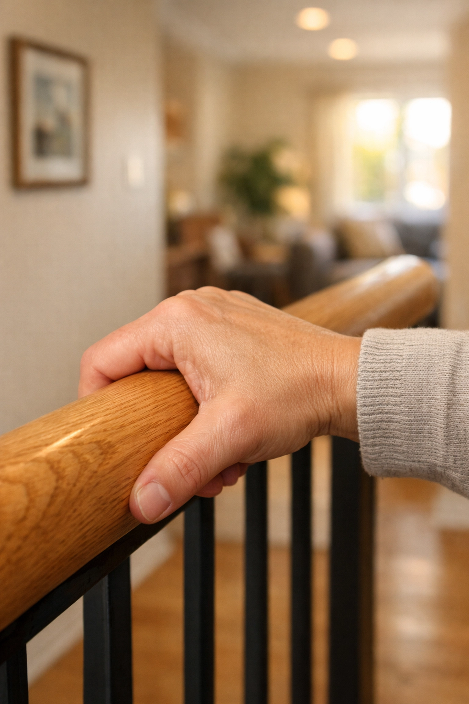 A hand securely gripping a round wooden handrail that extends past the stair landing for fall prevention.