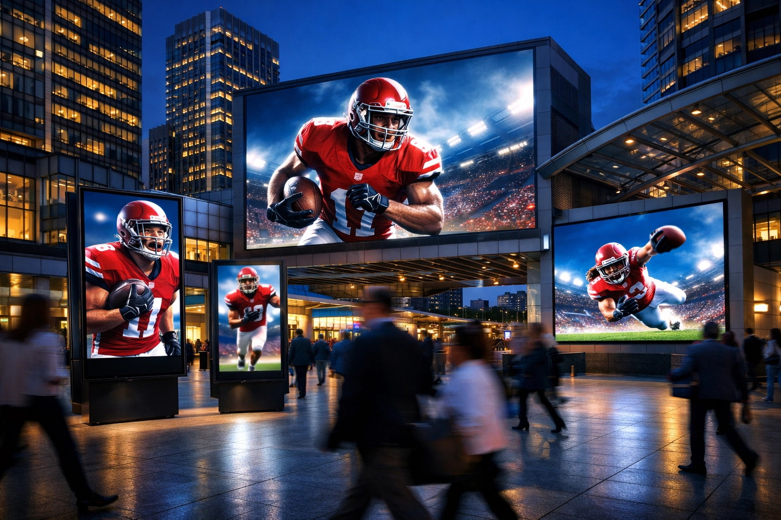 Multiple synchronized digital out-of-home screens in a metropolitan transit hub for a sports campaign.