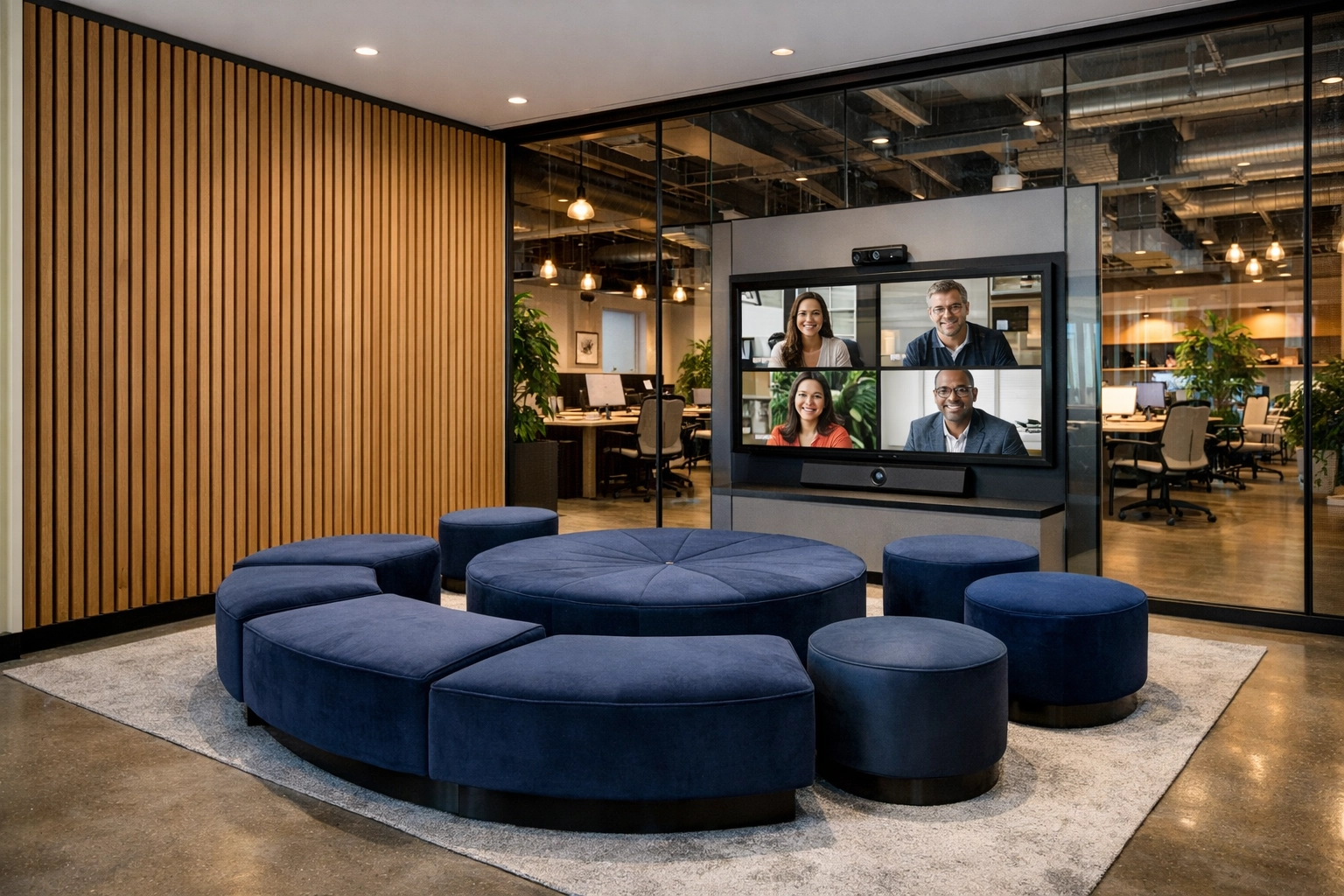 Modern Nashville office remodel featuring a collaborative huddle zone and high-tech video conferencing area.