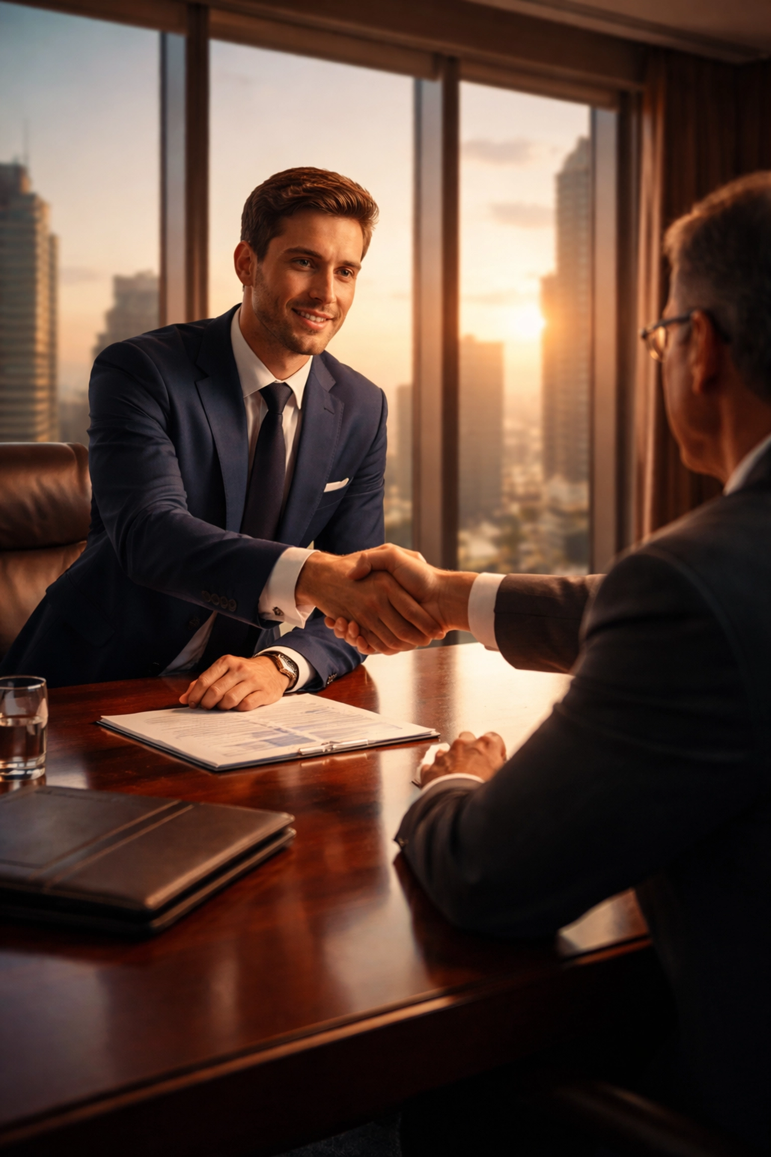 Entrepreneur and investor shaking hands in an office, showing trust in hospitality capital raising.
