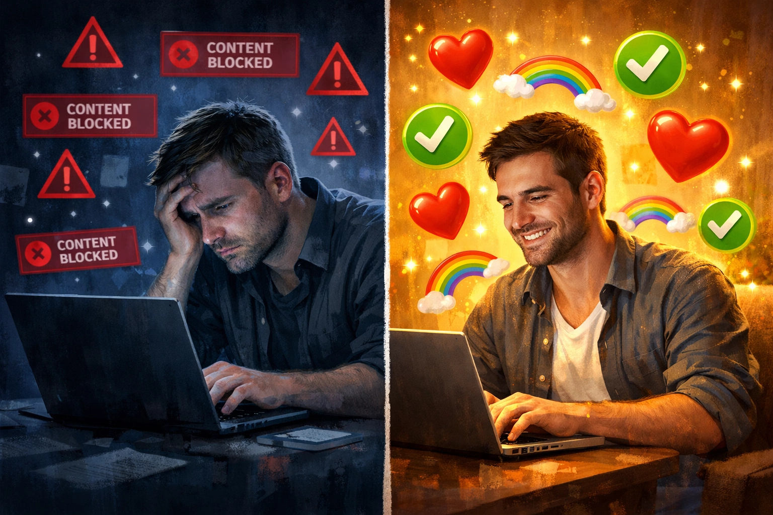 Gay romance author experiencing anxiety from platform censorship versus joy with publishing freedom