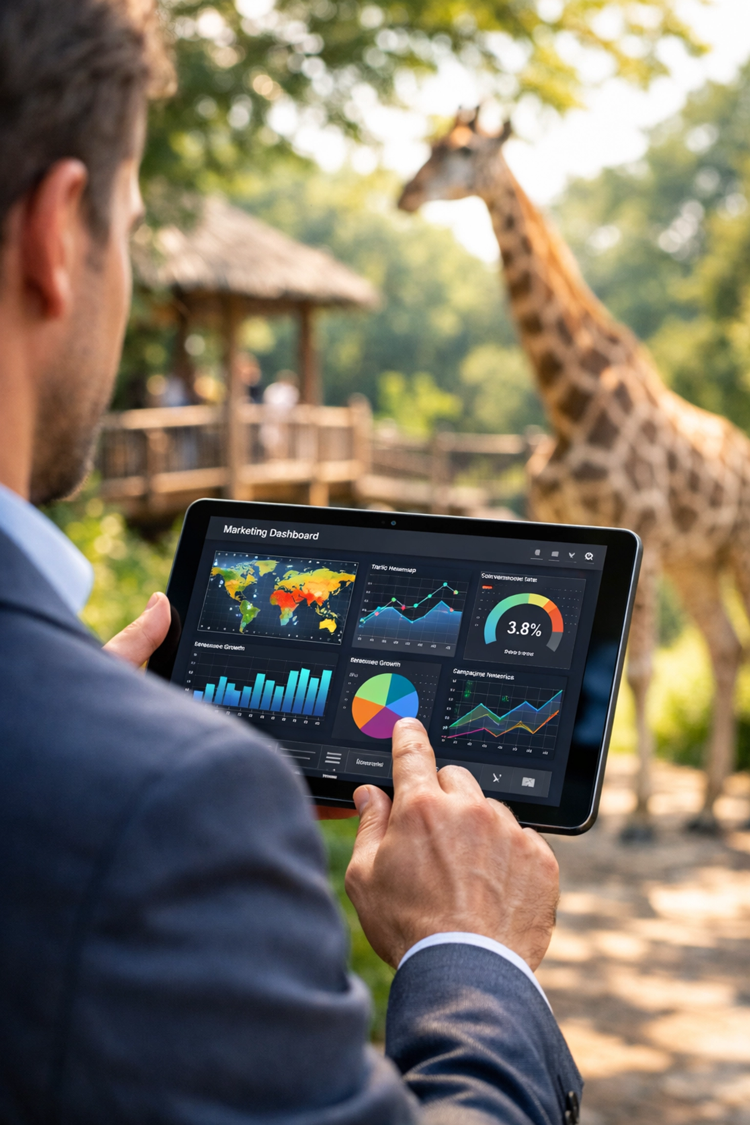 Marketing manager reviewing digital performance analytics and dwell time data on a tablet in a zoo setting.
