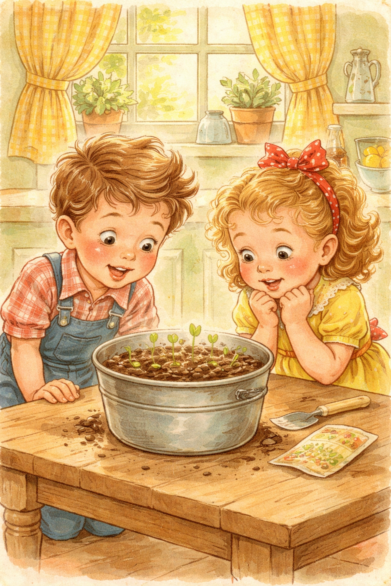 Two children in vintage clothing watch popcorn sprouts growing in a bucket by a sunny kitchen window, illustrating a popcorn garden project for kids.