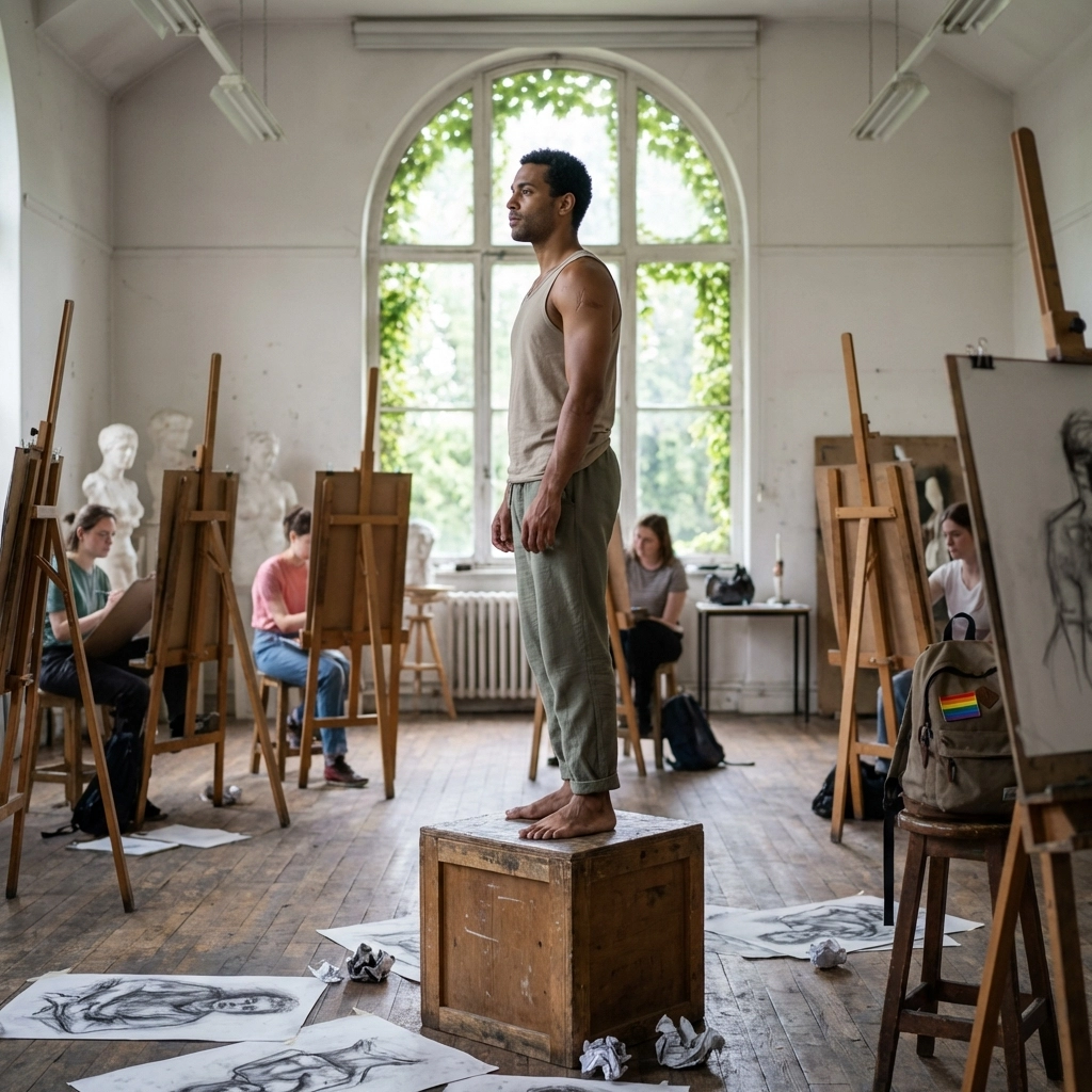 Authentic naked male form on display in a university art studio, highlighting diverse gay bodies.