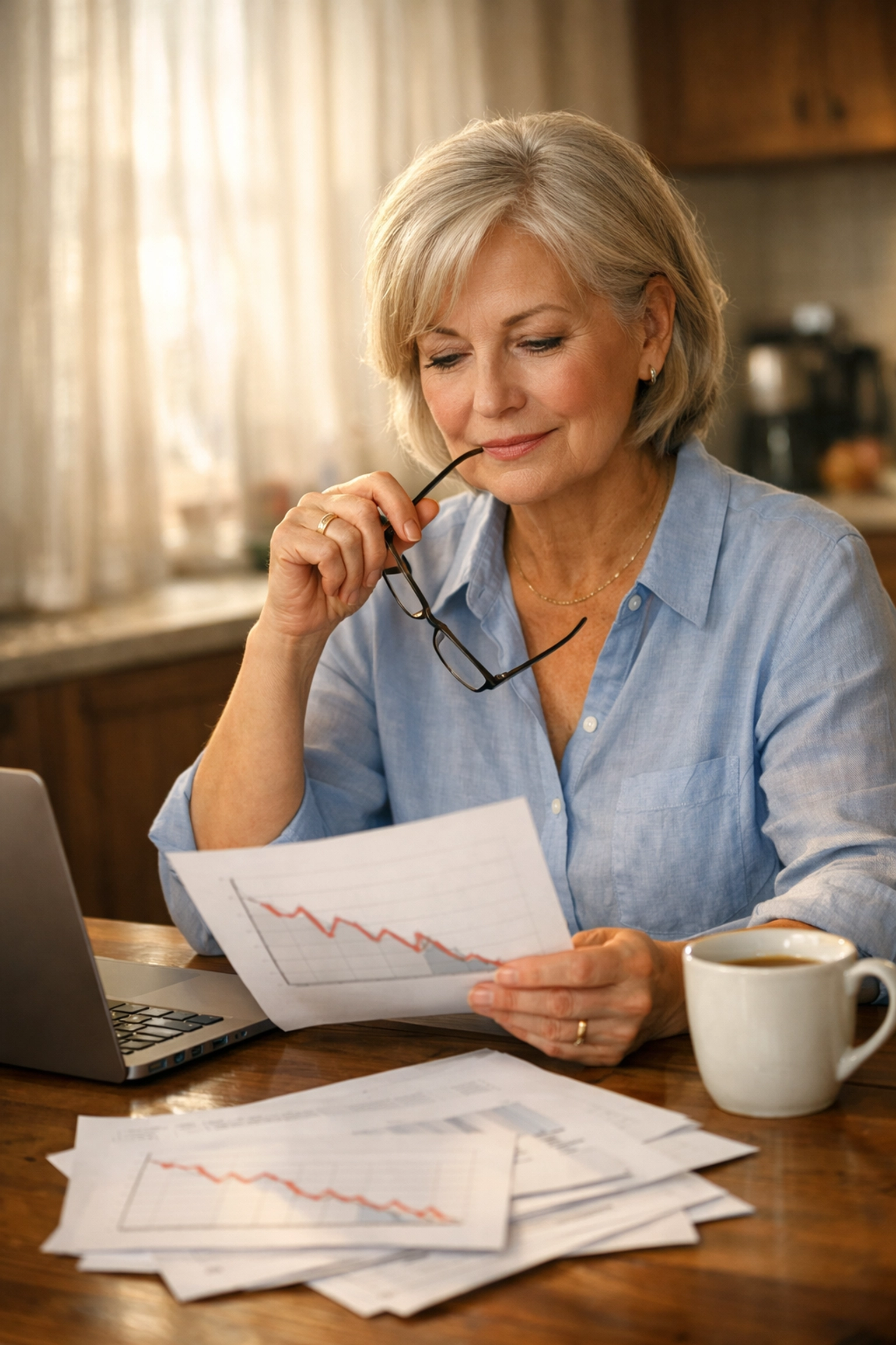 Retiree reviewing retirement income plan and market returns at kitchen table