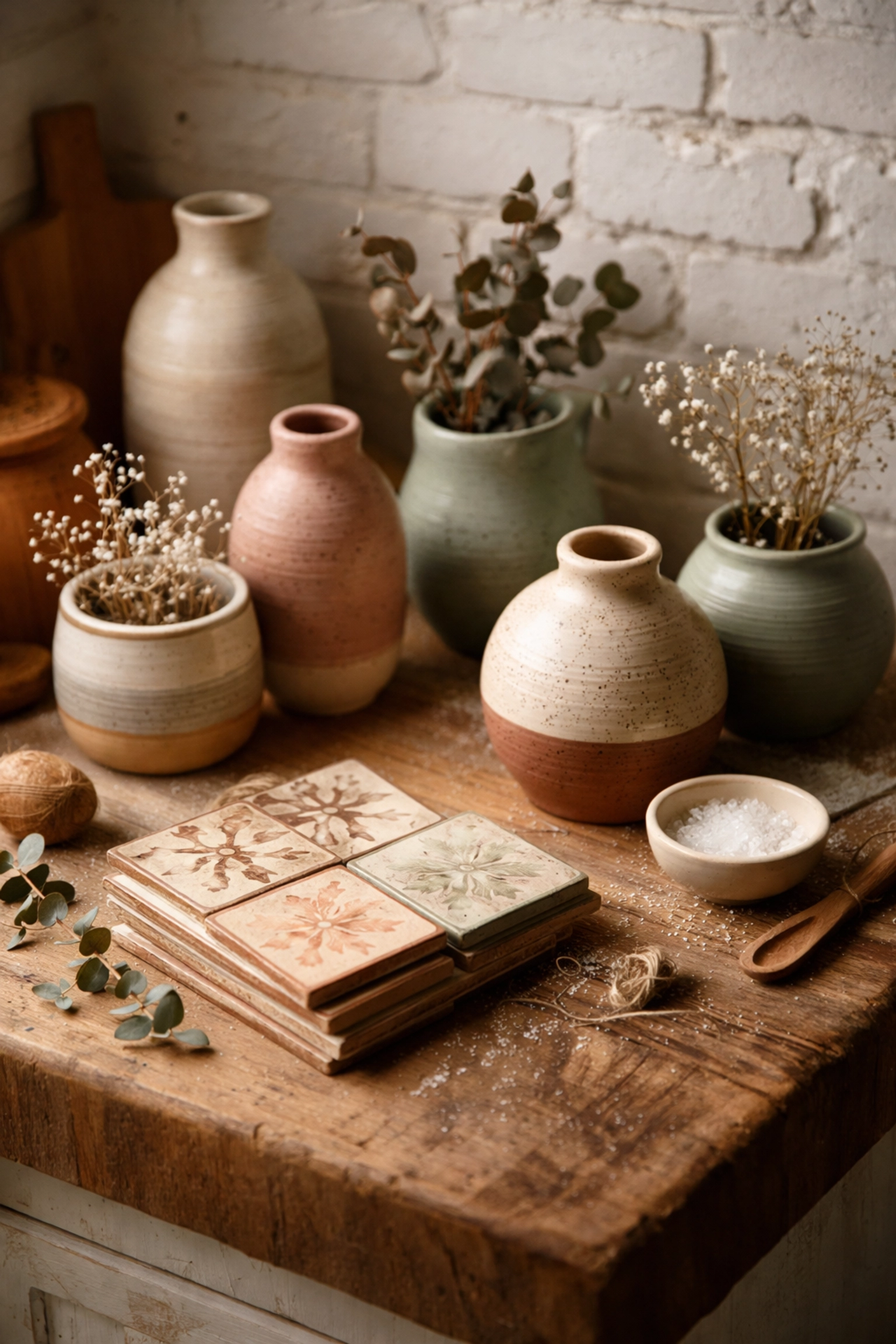 Handmade ceramic vases, artisan planters, and decorative tiles displayed in a rustic kitchen setting
