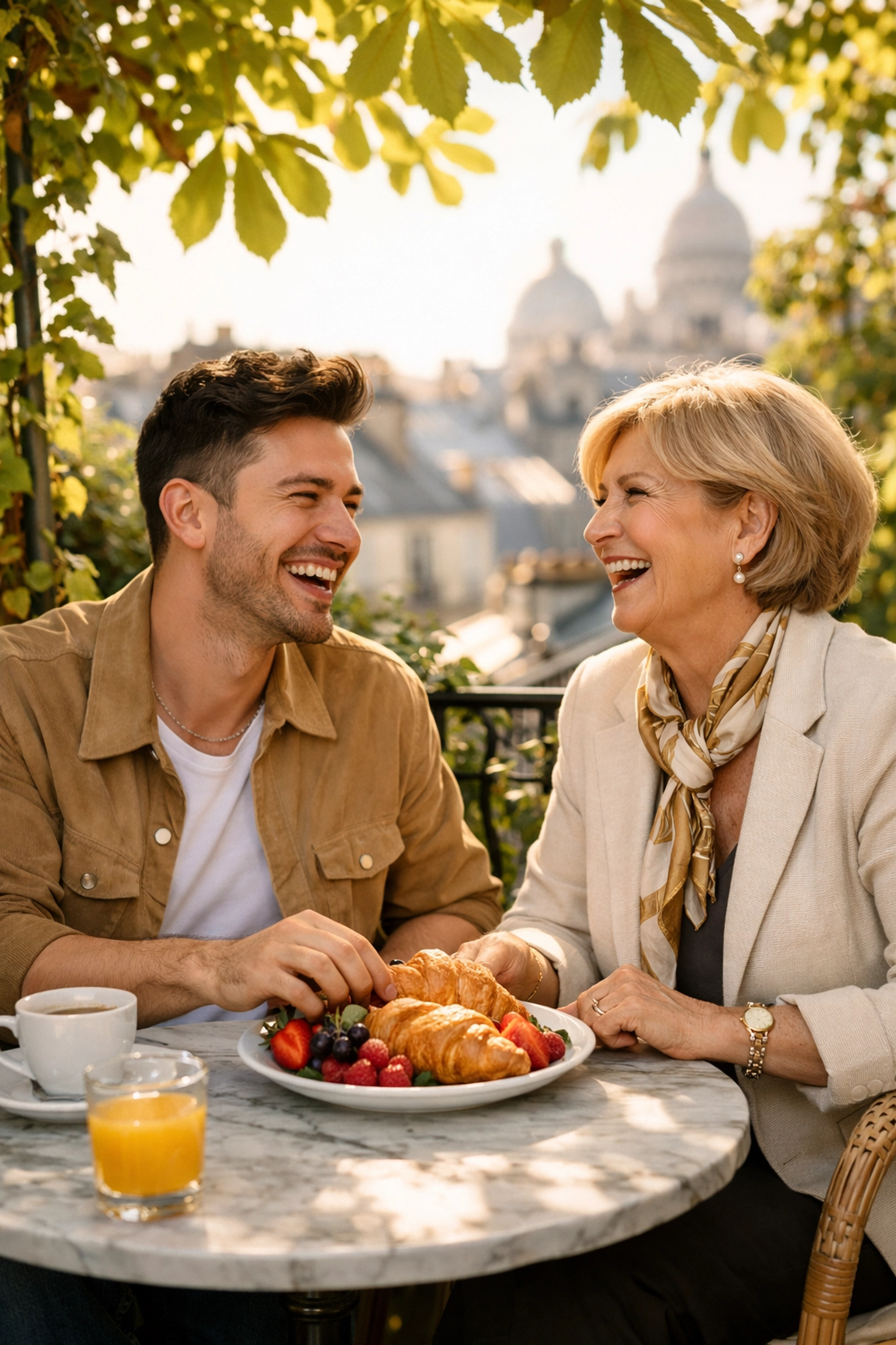 A gay man and his mother enjoy a sunny brunch on a flower-filled Montmartre terrace in Paris.