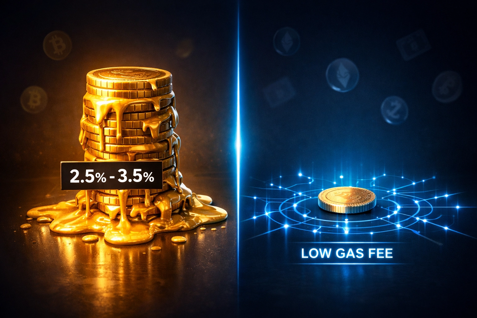 Comparison of traditional payment fees melting away versus low fixed crypto gas fees for merchants