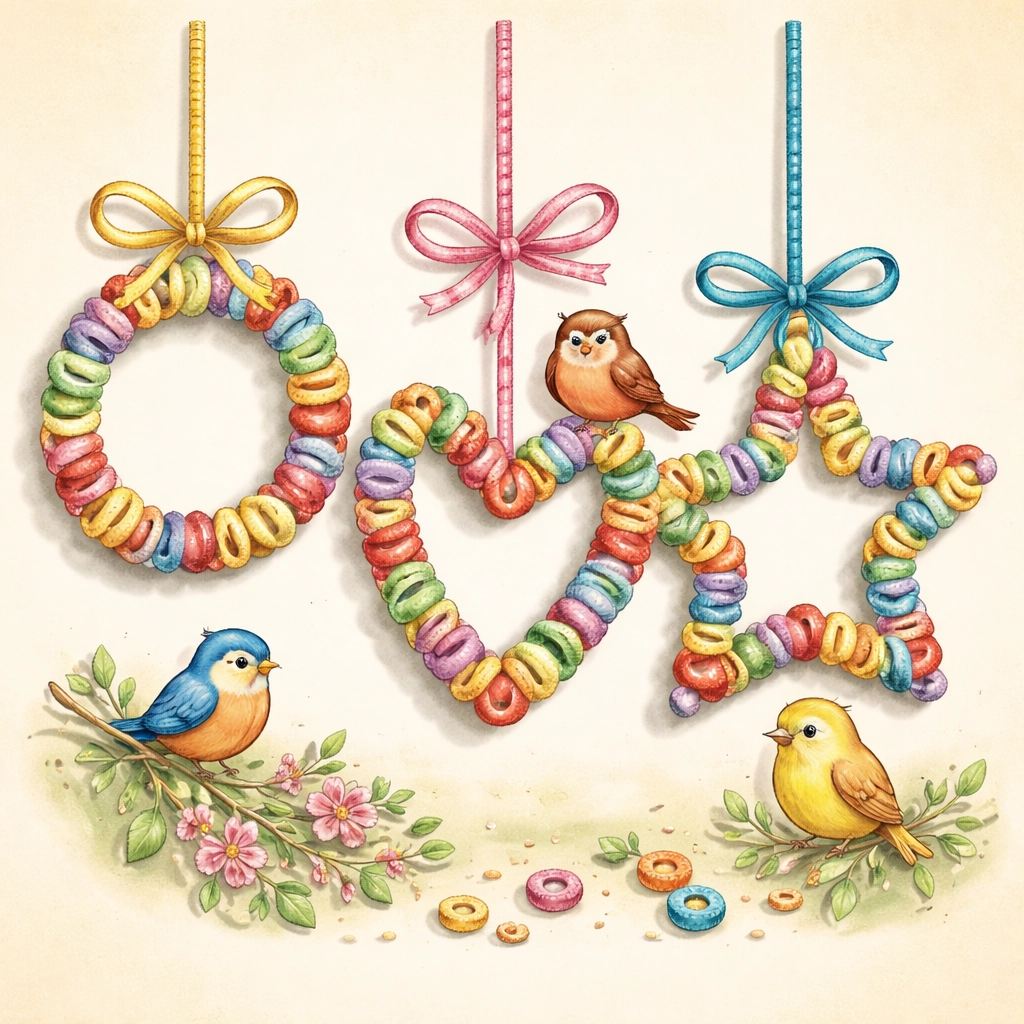 Three finished cereal bird feeders in the shapes of a circle, heart, and star, made with pipe cleaners and cereal