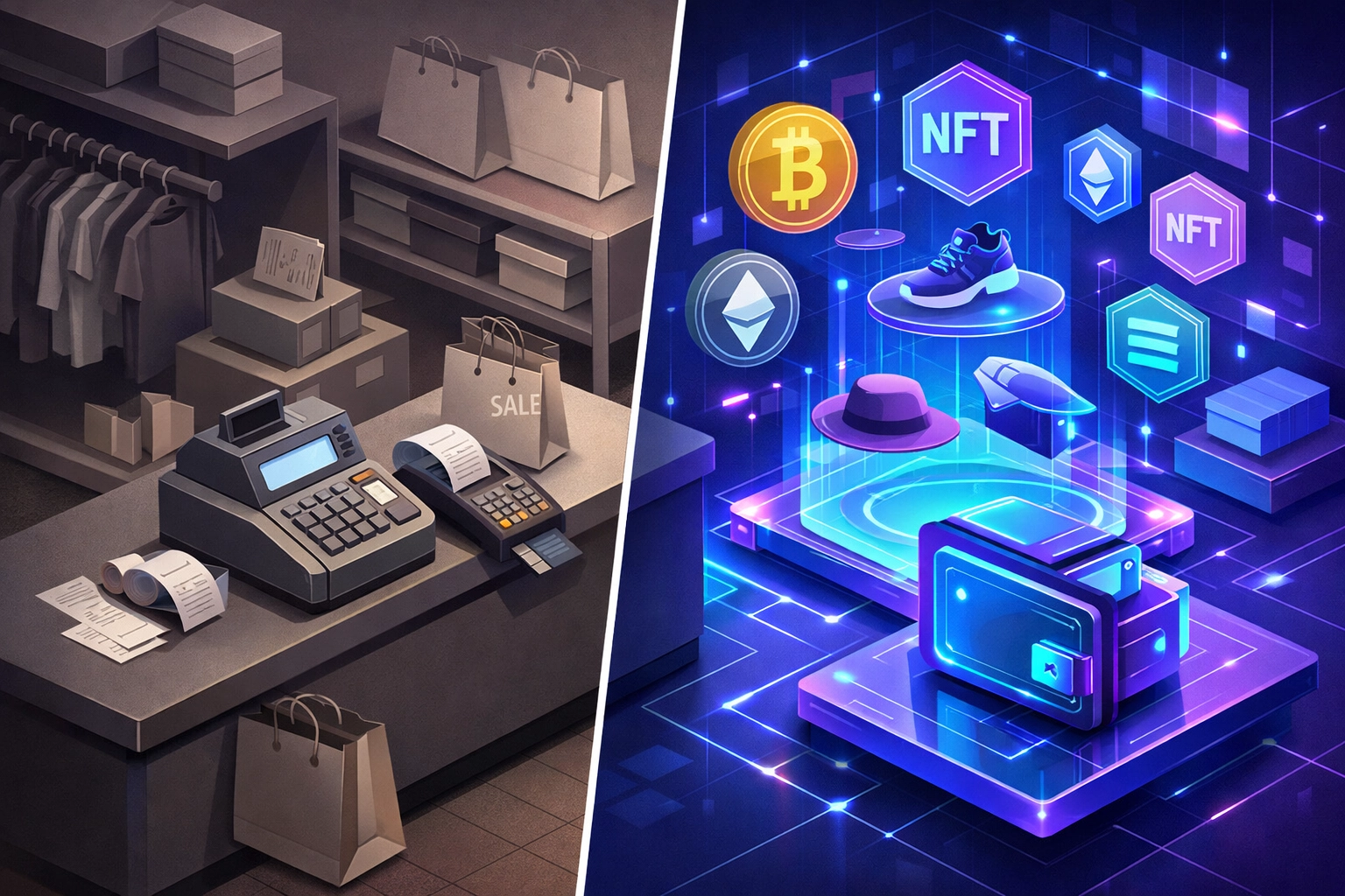 Comparison of traditional retail payment systems versus modern crypto Web3 virtual store infrastructure