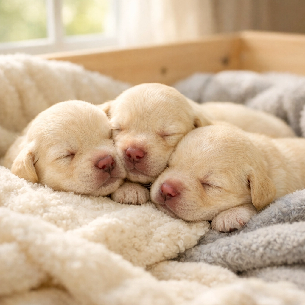 Newborn Golden Retriever puppies during neonatal period in whelping box