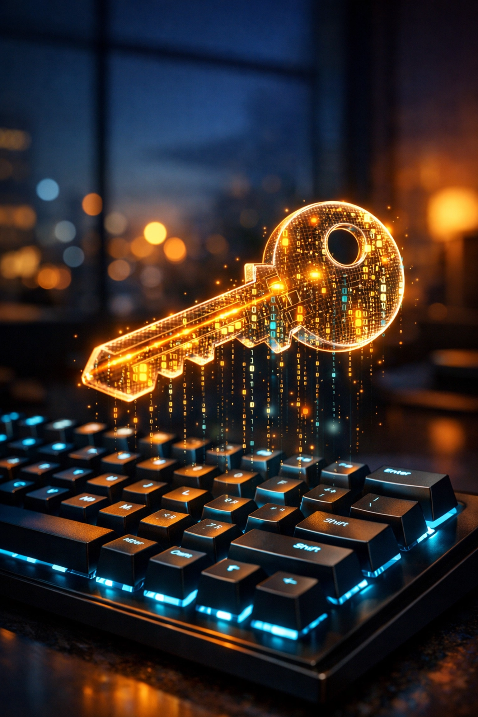 Secure digital key floating over a keyboard symbolizing strong password policies and network security.