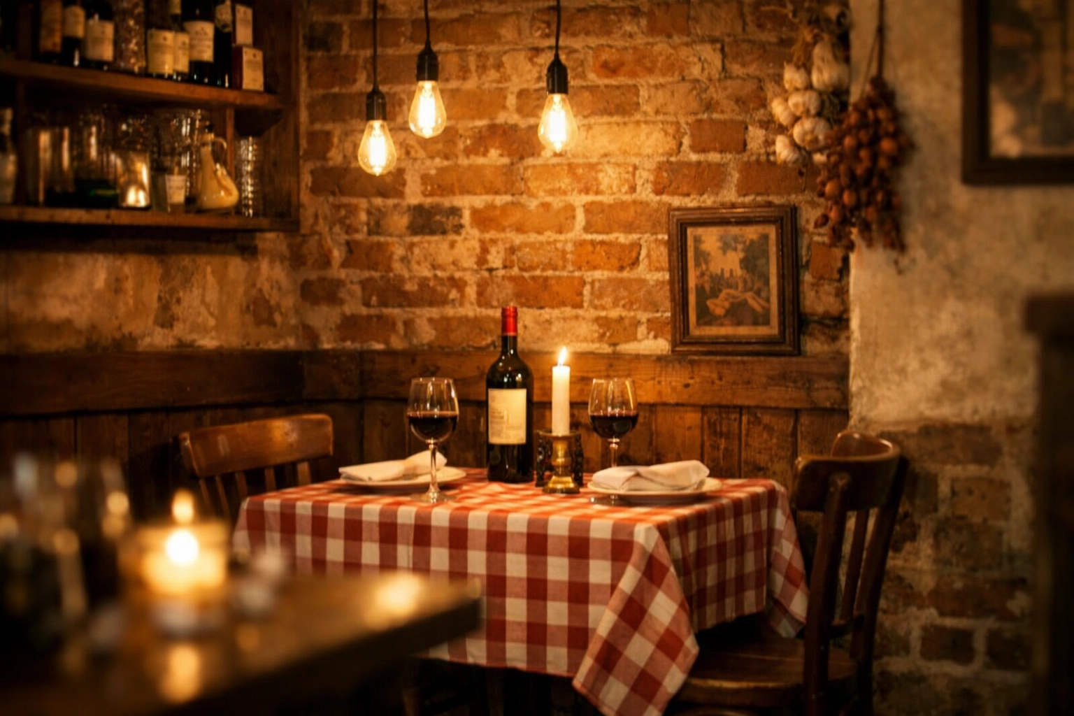 Intimate table for two at cozy Italian restaurant in Eagle Idaho with warm lighting