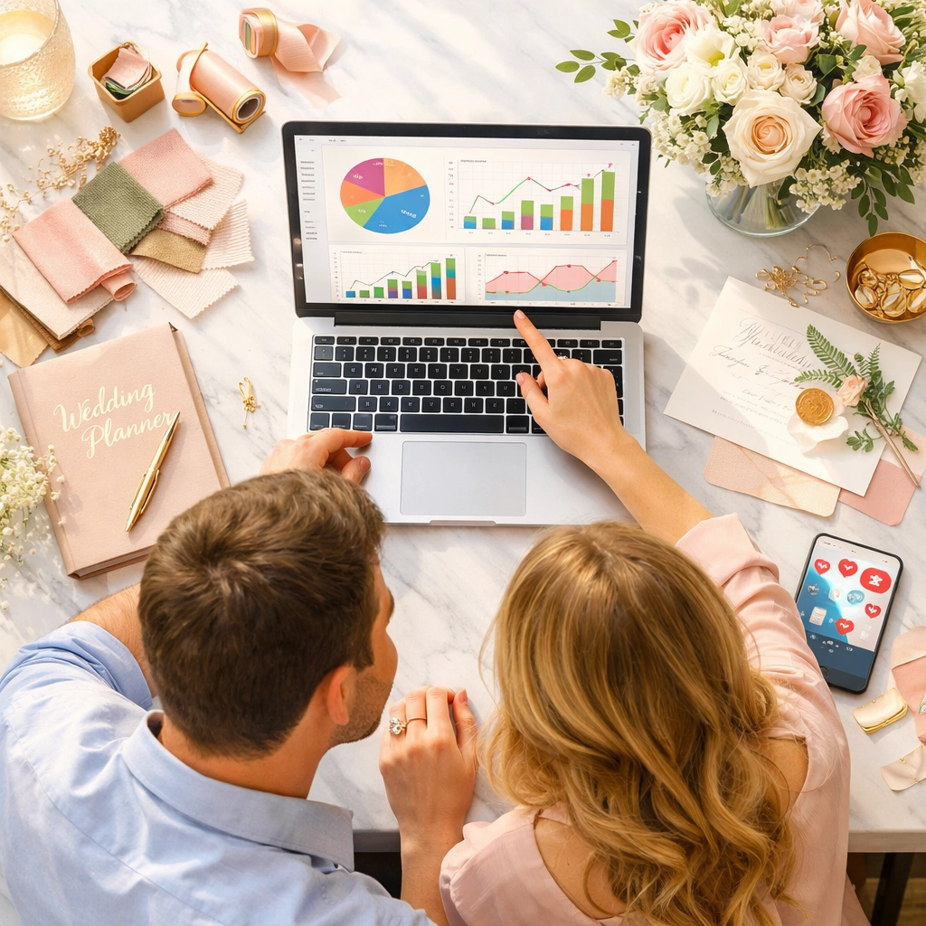 Couple planning wedding budget with laptop showing digital RSVP tracking and guest count data