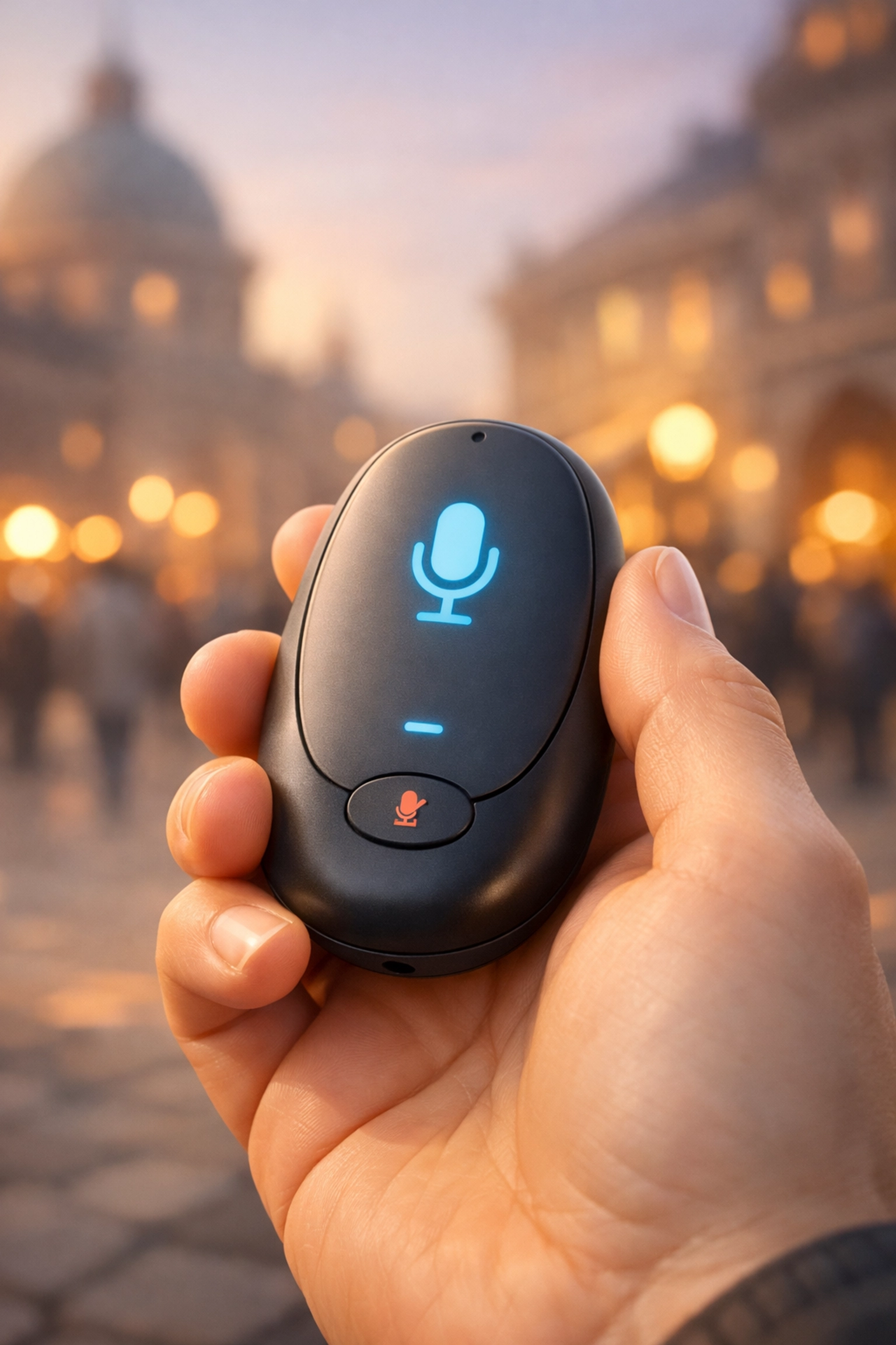 Remote microphone accessory for hearing aid users to improve sound clarity on tours.