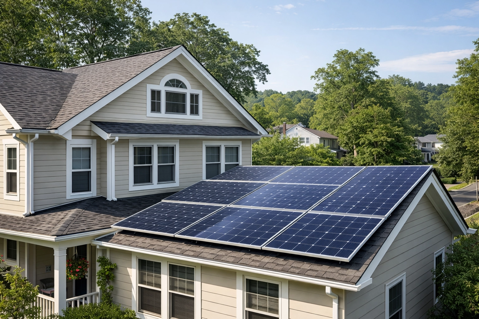 Residential solar panels on home roof generating clean energy