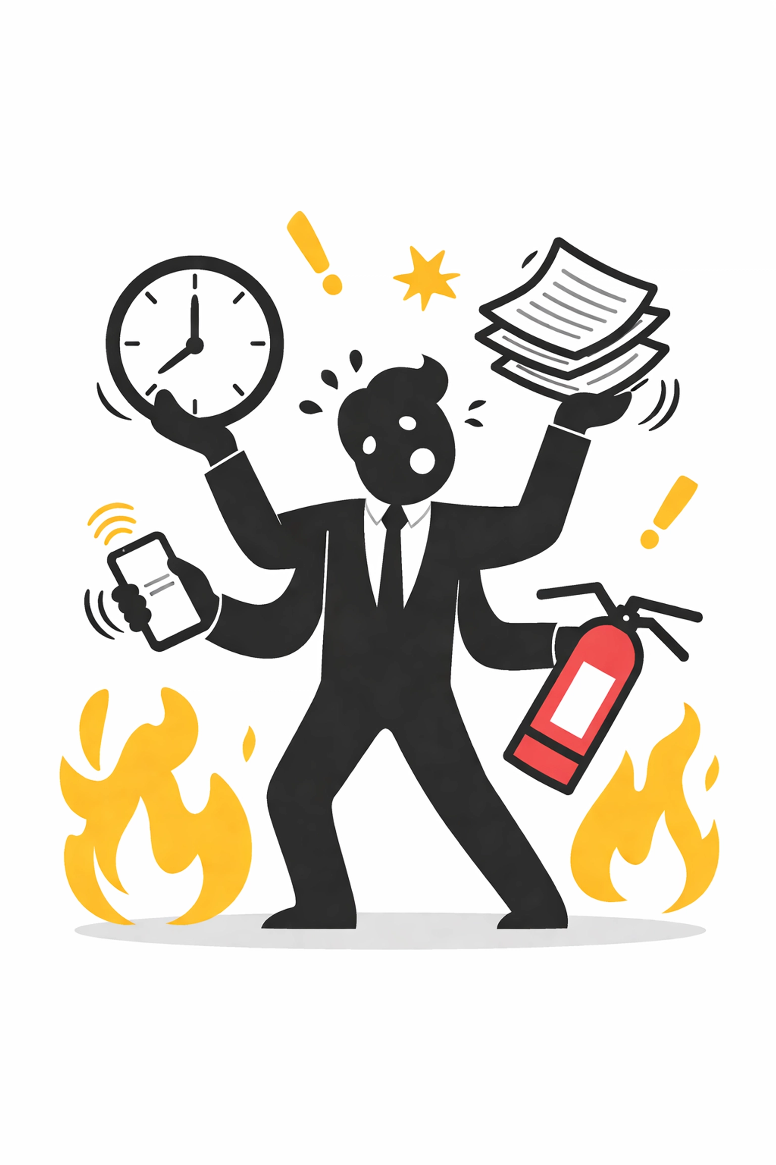 A stressed person juggles a clock, papers, phone, and fire extinguisher amidst yellow flames. Symbols of chaos, urgency, and multitasking.