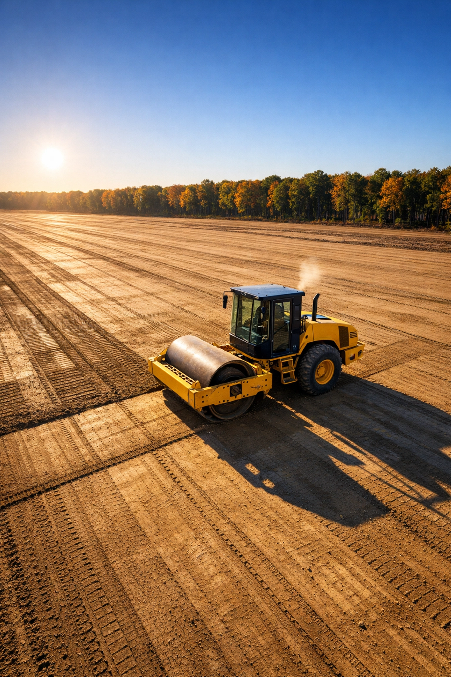 Yellow vibratory roller compacting soil on a leveled Michigan construction site to ensure a stable foundation.