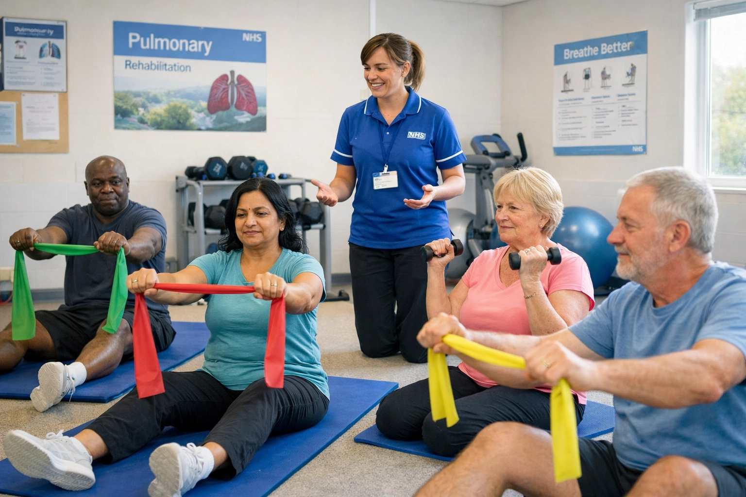 Diverse patients participating in NHS pulmonary rehabilitation exercise session