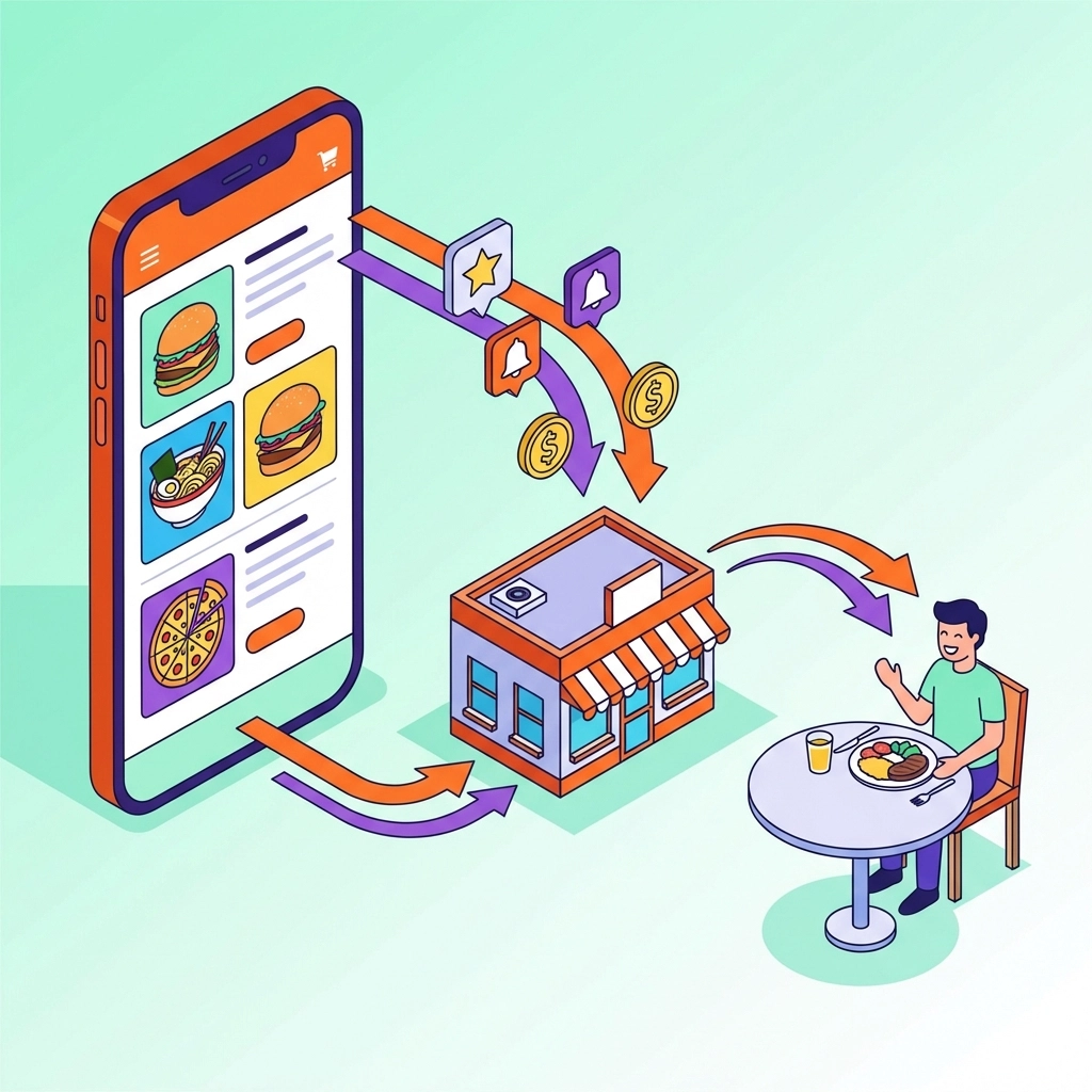 A colorful infographic shows a customer ordering restaurant food by phone, illustrating the digital mobile app order process and direct engagement.