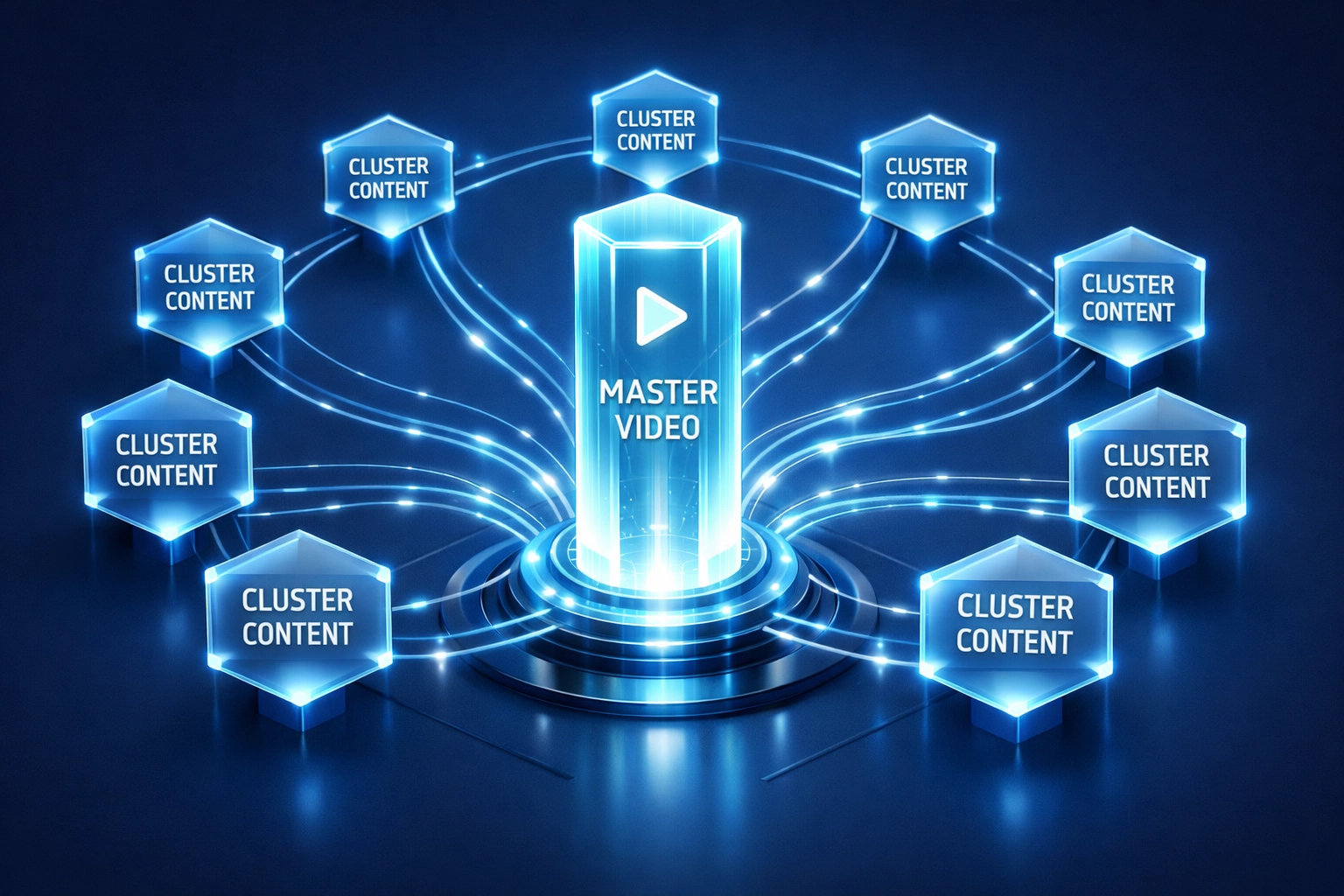 Diagram showing a pillar video connected to multiple cluster videos for improved SEO authority.