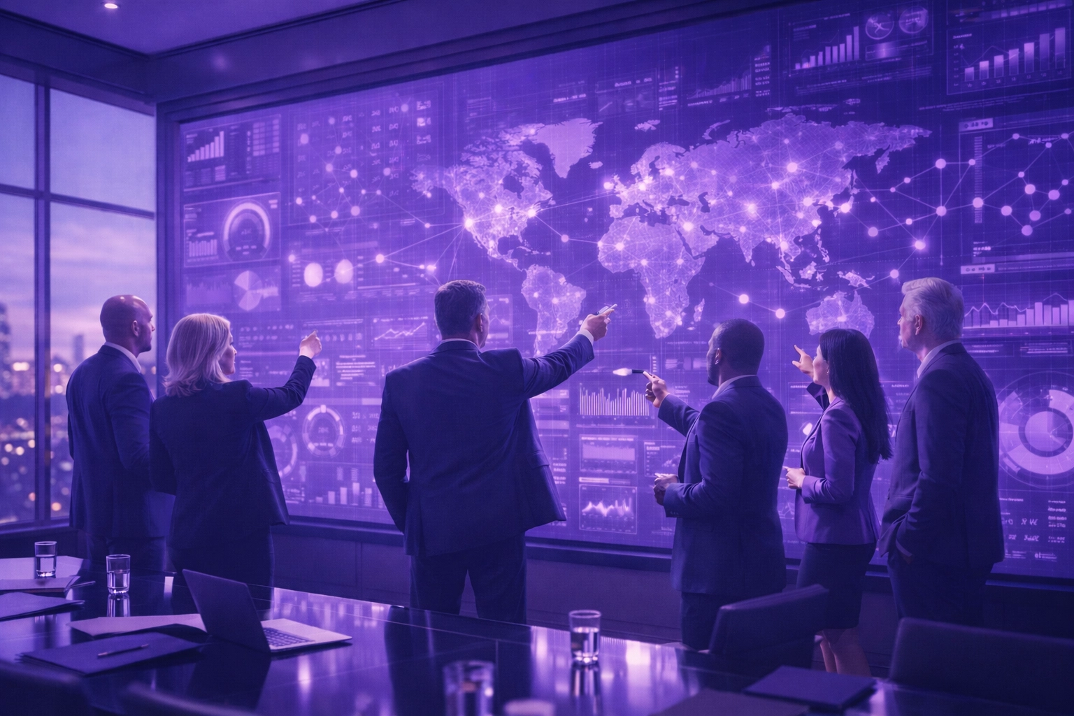 A professional team collaborating on business intelligence data visualizations to optimize internal processes.