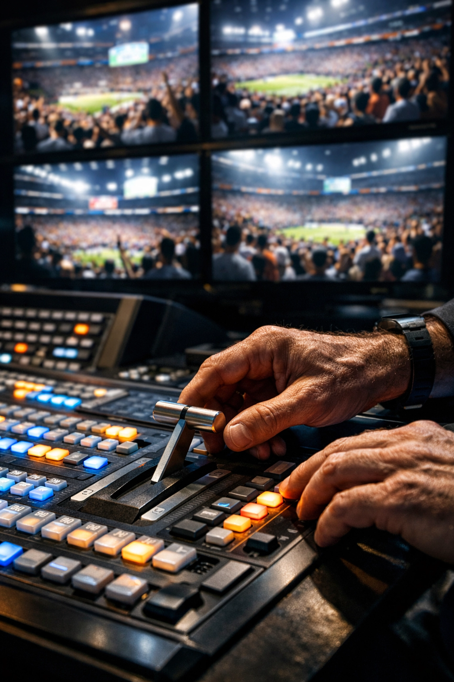 Veteran sports media director managing a complex broadcast control board for a high-stakes Super Bowl production.