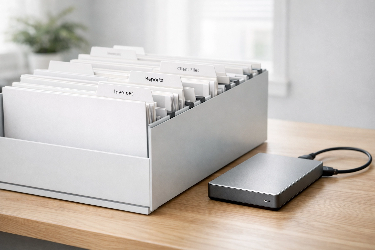 Organized tax record filing system with folders and digital backup for three-year retention