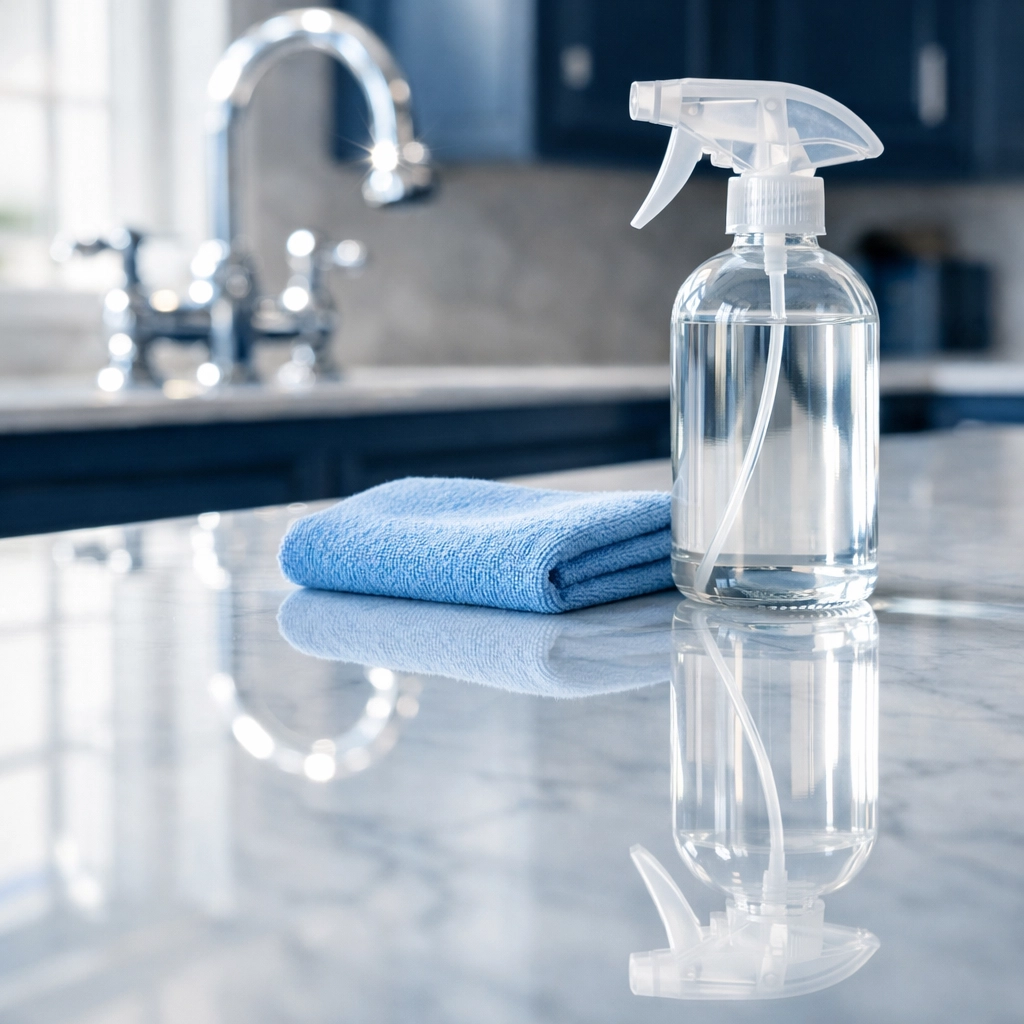 Polished marble countertop showcasing expert deep cleaning Leominster MA using non-toxic products.