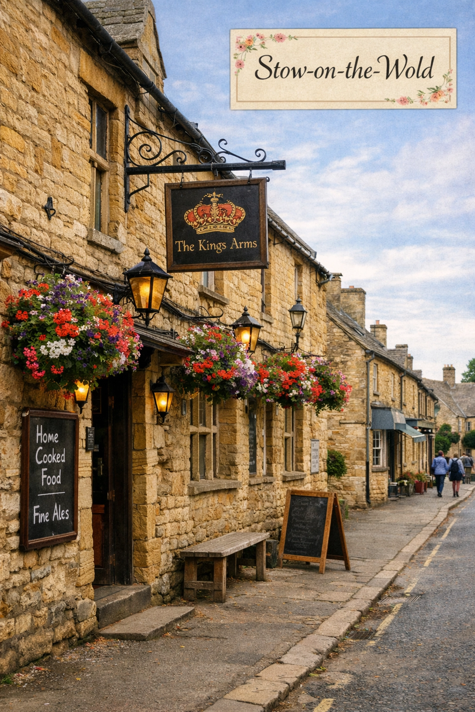 Charming honey-colored limestone street and traditional pub in Stow-on-the-Wold, a popular Cotswold tour stop.