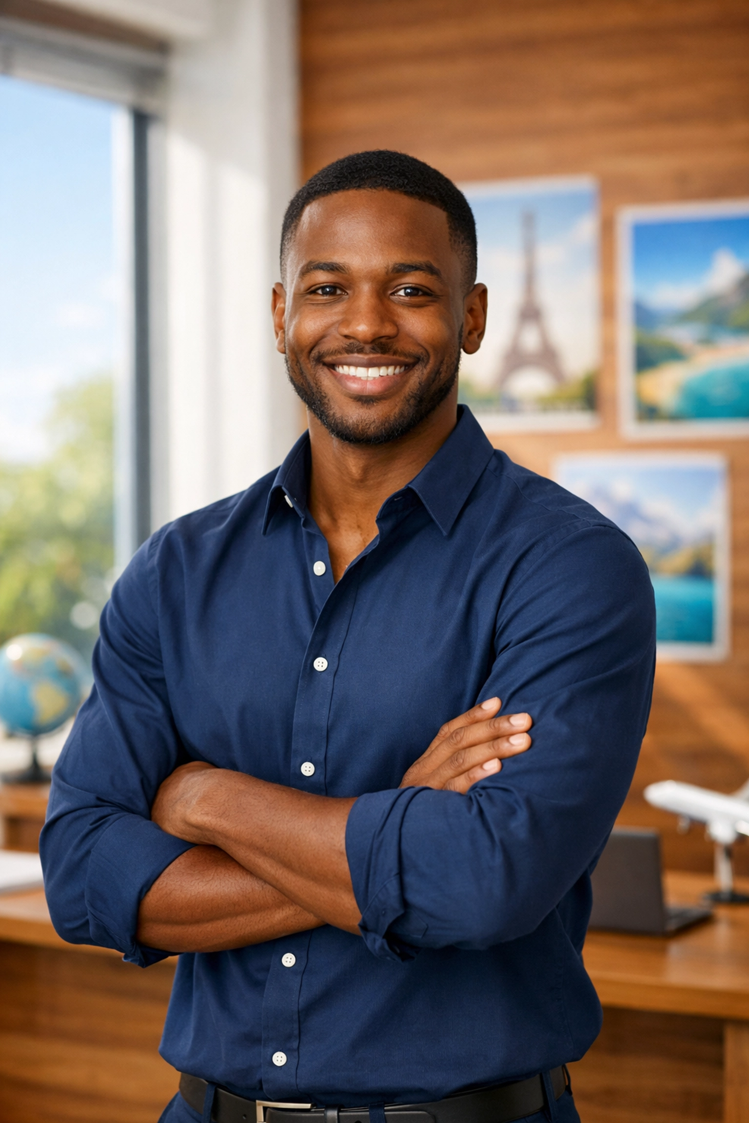 Confident travel agent maintaining professional boundaries in modern office